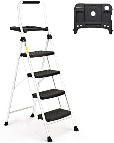SocTone 3 Step Ladder, Folding Step Stool for Adults with Handle, Lightweight, Perfect for Kitchen& Household, 500lbs Capacity Sturdy Steel Ladder White