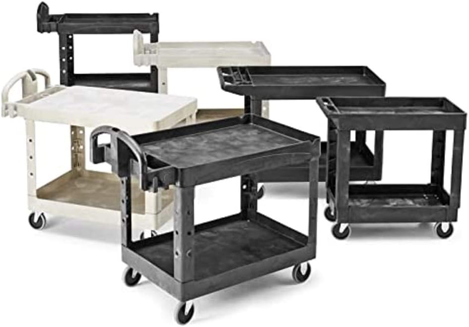 Rubbermaid Commercial Products 2-Shelf Utility/Service Cart, Medium, Black, Lipped Shelves, Ergonomic Handle, 500 lbs. Capacity, for Warehouse/Garage/Cleaning/Manufacturing
