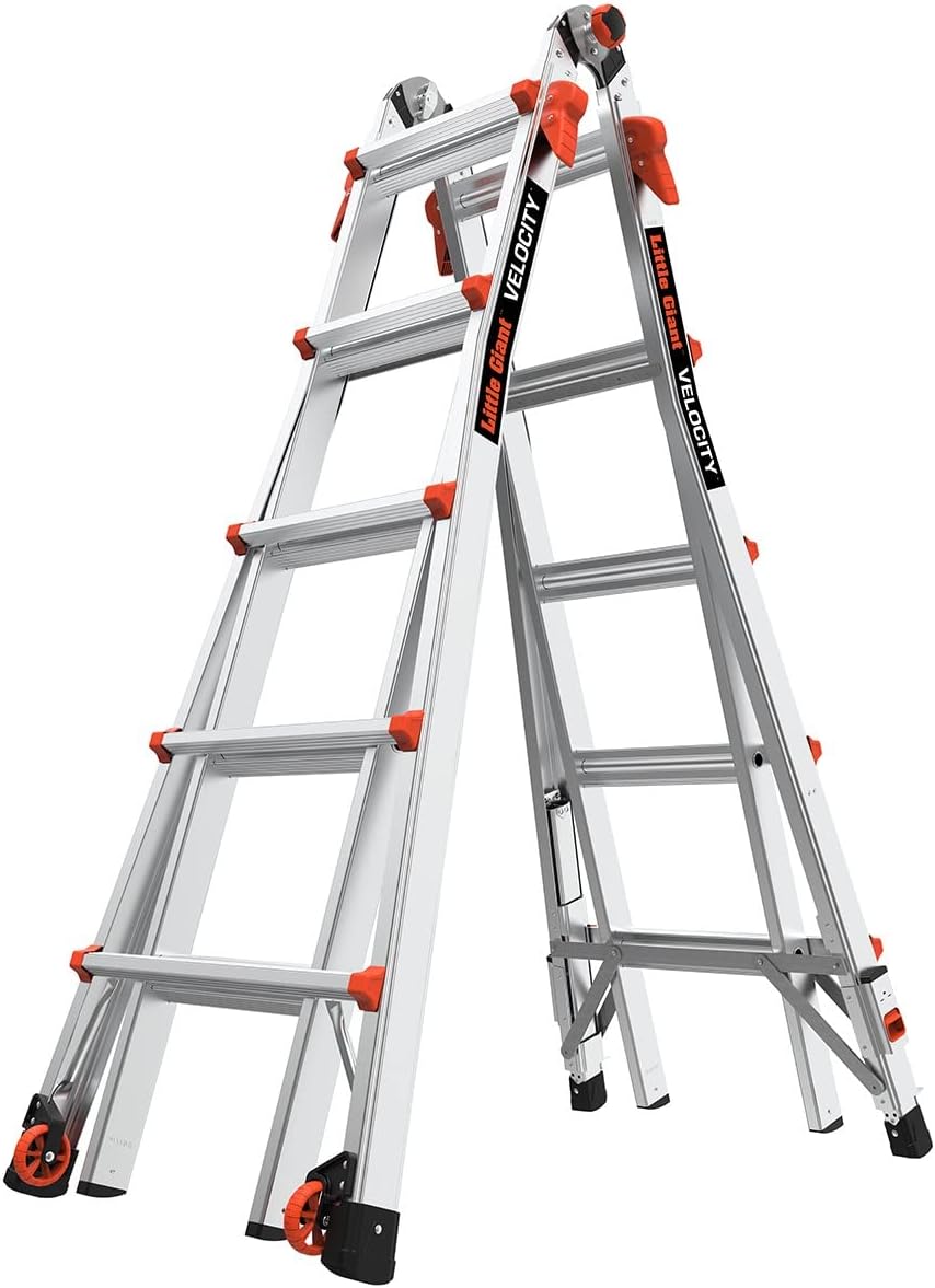 Little Giant Ladders Velocity 17-Ft Folding Multi-Position Ladder, Aluminum, 300 lb Load Capacity, Type 1A Extra Heavy Duty, 18-Ft Reach, with Ratchet Levelers and Wheels (15417-801)