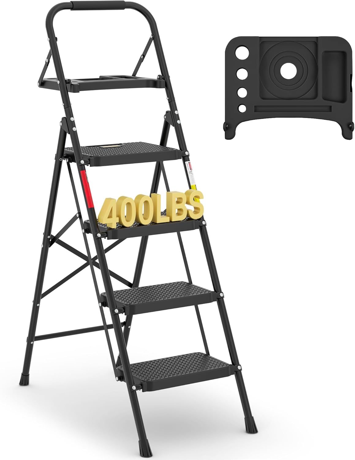 BONTEC 2-Step Ladder, Folding Step Stool, 600lbs Max Load Capacity, Sturdy Steel, Non-Slip Pedals, Lightweight, Portable Steel Ladder with Convenient Handrail, Safety Design for Home & Work, White