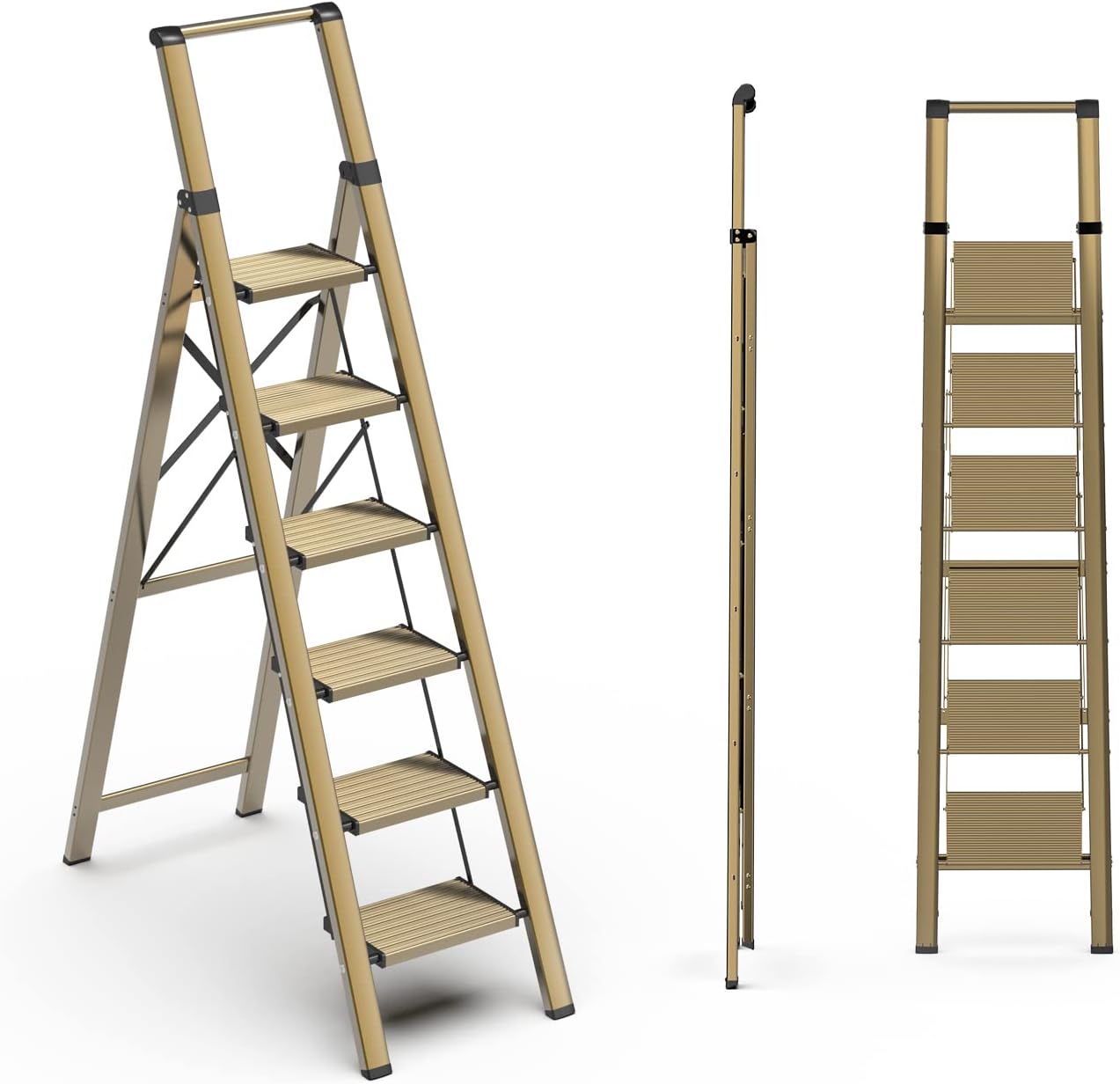 3 Step Ladder, Folding Step Stool with Anti-Slip Wide Sturdy Pedal, Multi-Use for Home and Kitchen Use, Space Saving-Woodgrain(300 lbs Capacity)