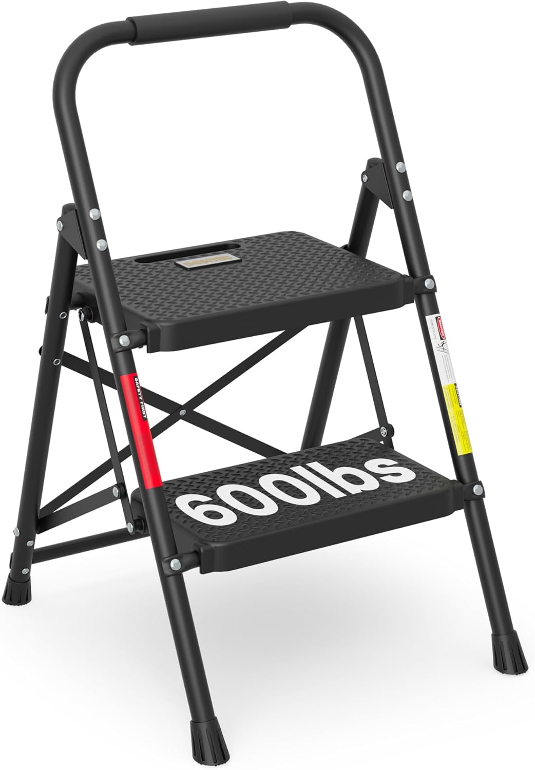 BONTEC 2-Step Ladder, Folding Step Stool, 600lbs Max Load Capacity, Sturdy Steel, Non-Slip Pedals, Lightweight, Portable Steel Ladder with Convenient Handrail, Safety Design for Home & Work, White