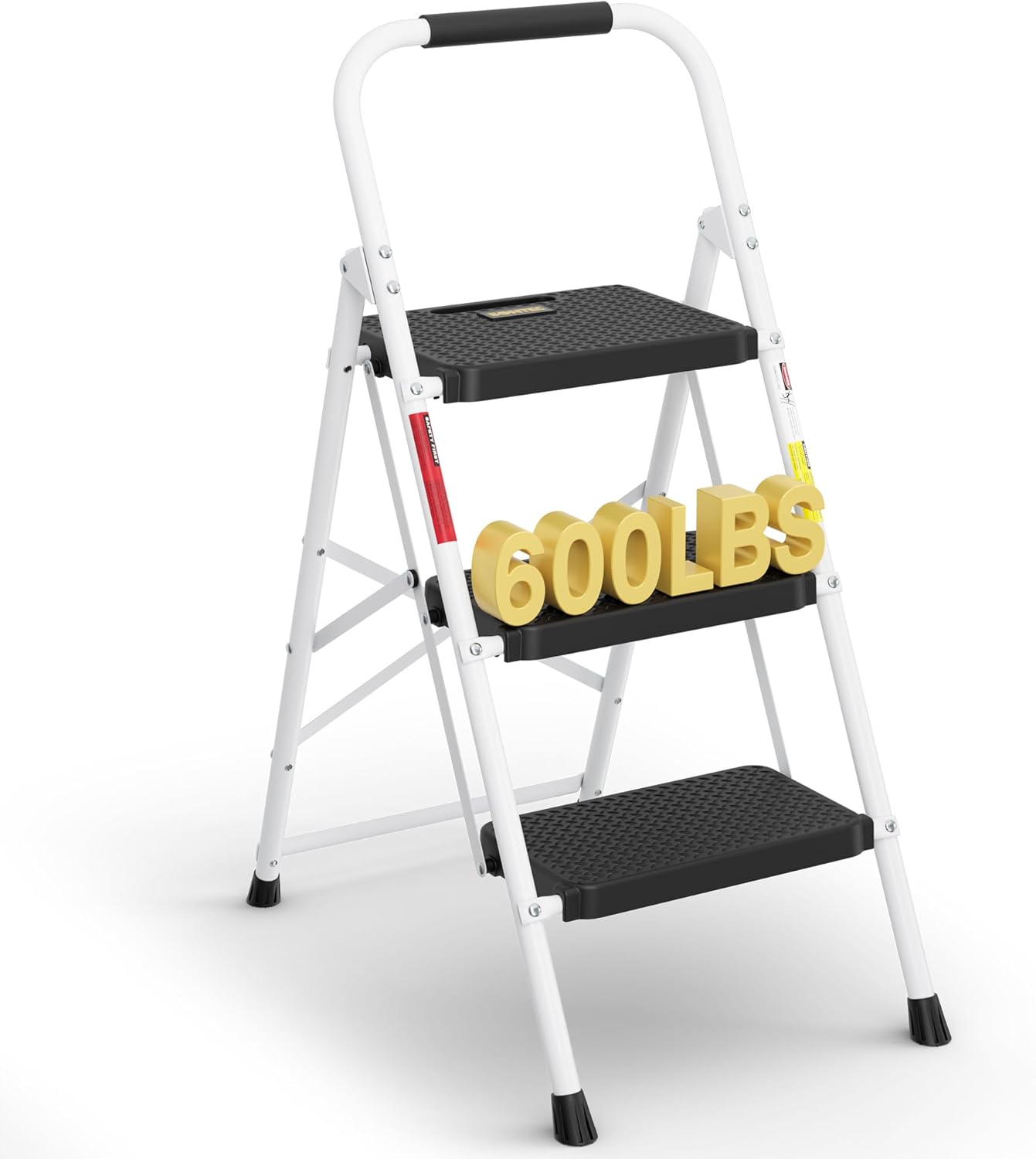 BONTEC 2-Step Ladder, Folding Step Stool, 600lbs Max Load Capacity, Sturdy Steel, Non-Slip Pedals, Lightweight, Portable Steel Ladder with Convenient Handrail, Safety Design for Home & Work, White