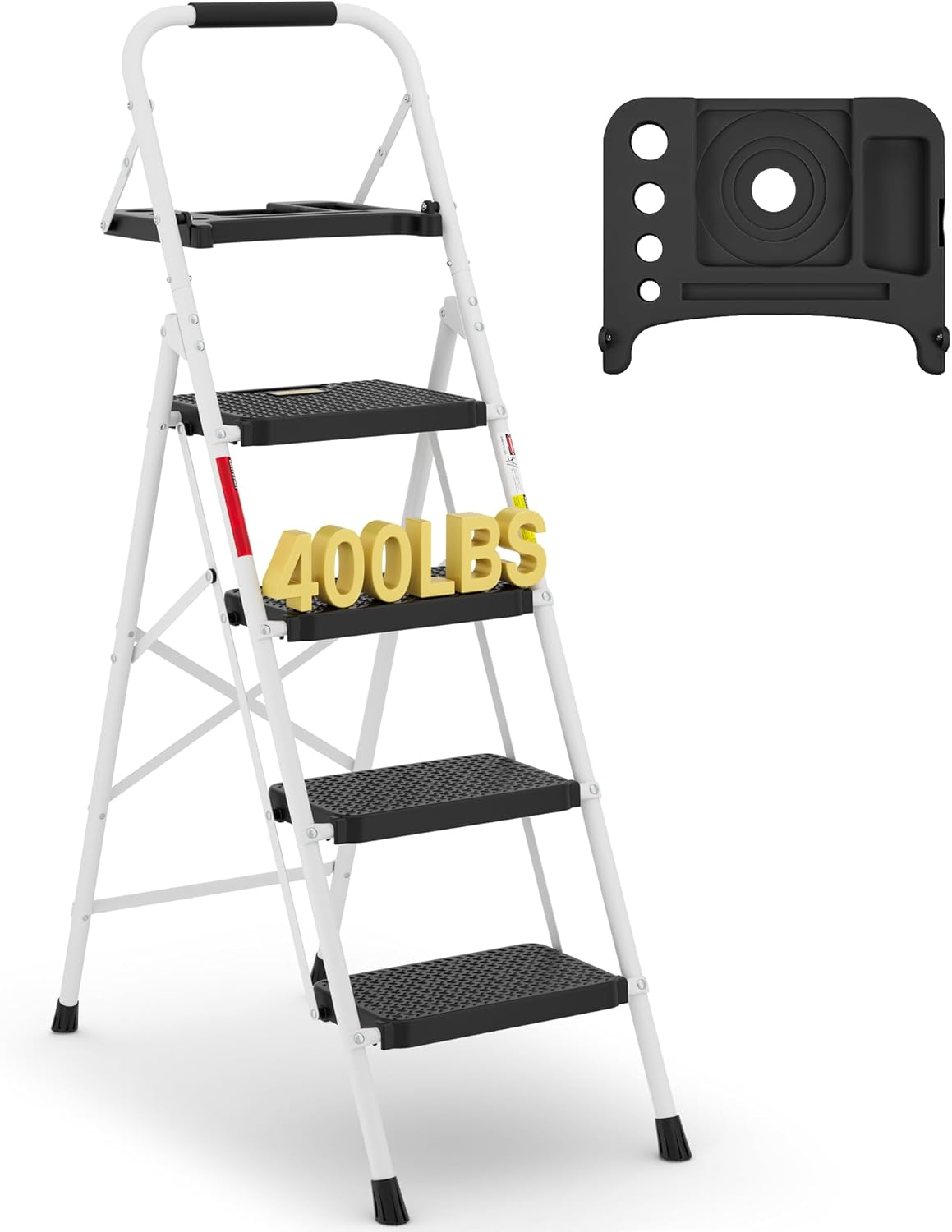 BONTEC 2-Step Ladder, Folding Step Stool, 600lbs Max Load Capacity, Sturdy Steel, Non-Slip Pedals, Lightweight, Portable Steel Ladder with Convenient Handrail, Safety Design for Home & Work, White