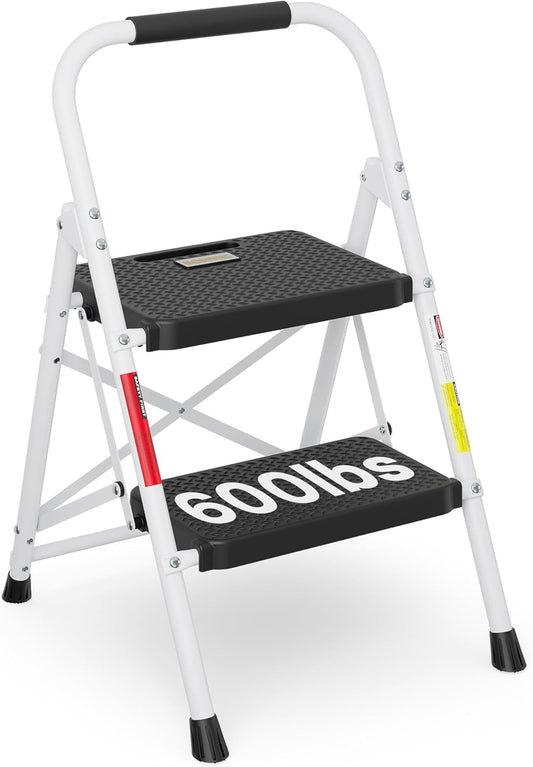 BONTEC 2-Step Ladder, Folding Step Stool, 600lbs Max Load Capacity, Sturdy Steel, Non-Slip Pedals, Lightweight, Portable Steel Ladder with Convenient Handrail, Safety Design for Home & Work, White