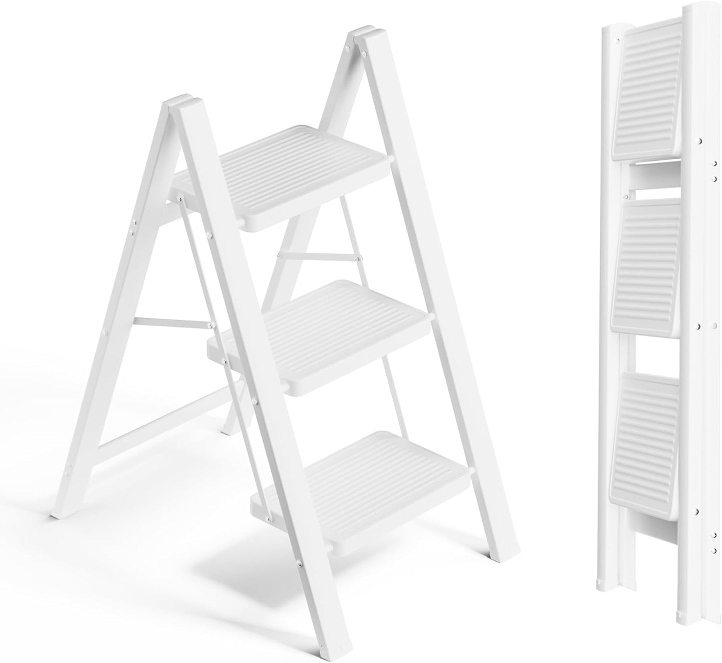 3 Step Ladder, Folding Step Stool with Anti-Slip Wide Sturdy Pedal, Multi-Use for Home and Kitchen Use, Space Saving-Woodgrain(300 lbs Capacity)