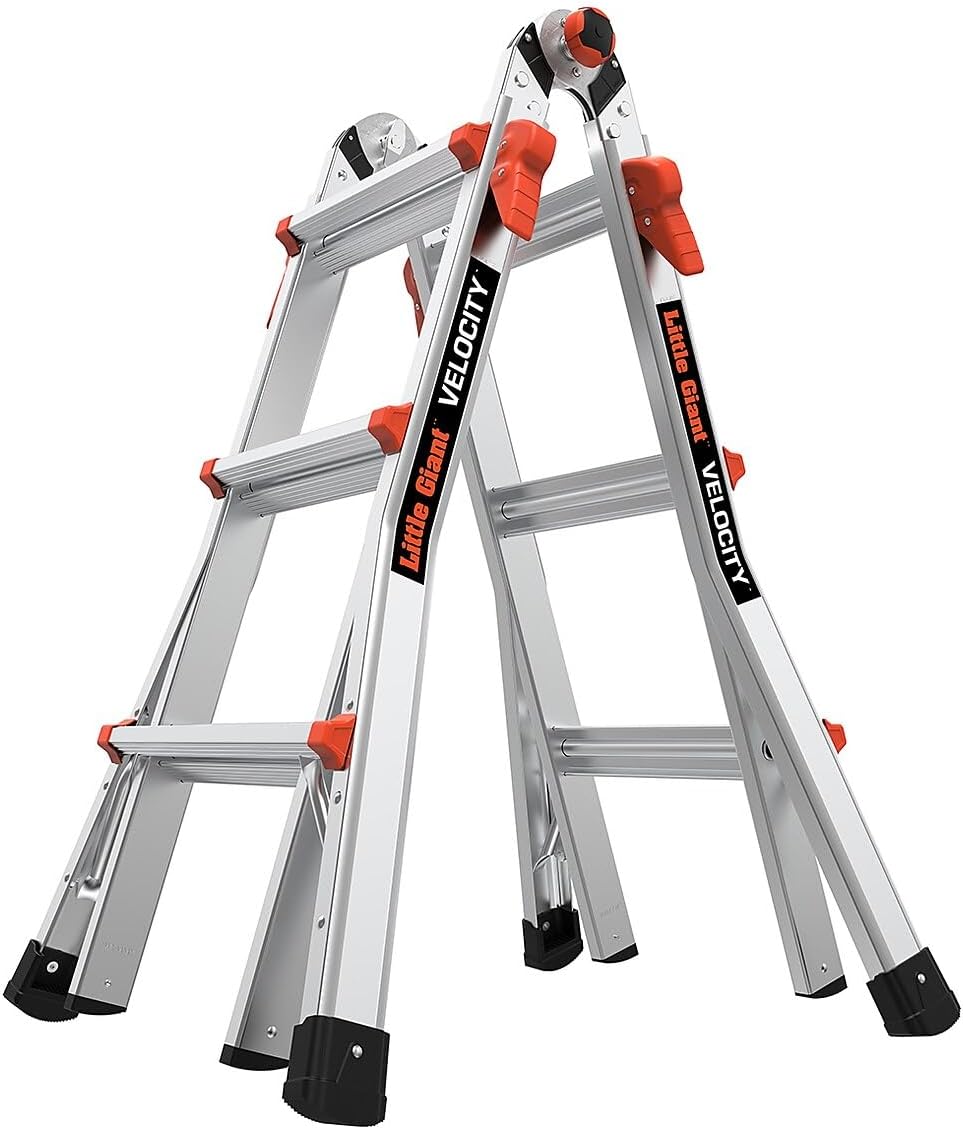Little Giant Ladders Velocity 17-Ft Folding Multi-Position Ladder, Aluminum, 300 lb Load Capacity, Type 1A Extra Heavy Duty, 18-Ft Reach, with Ratchet Levelers and Wheels (15417-801)