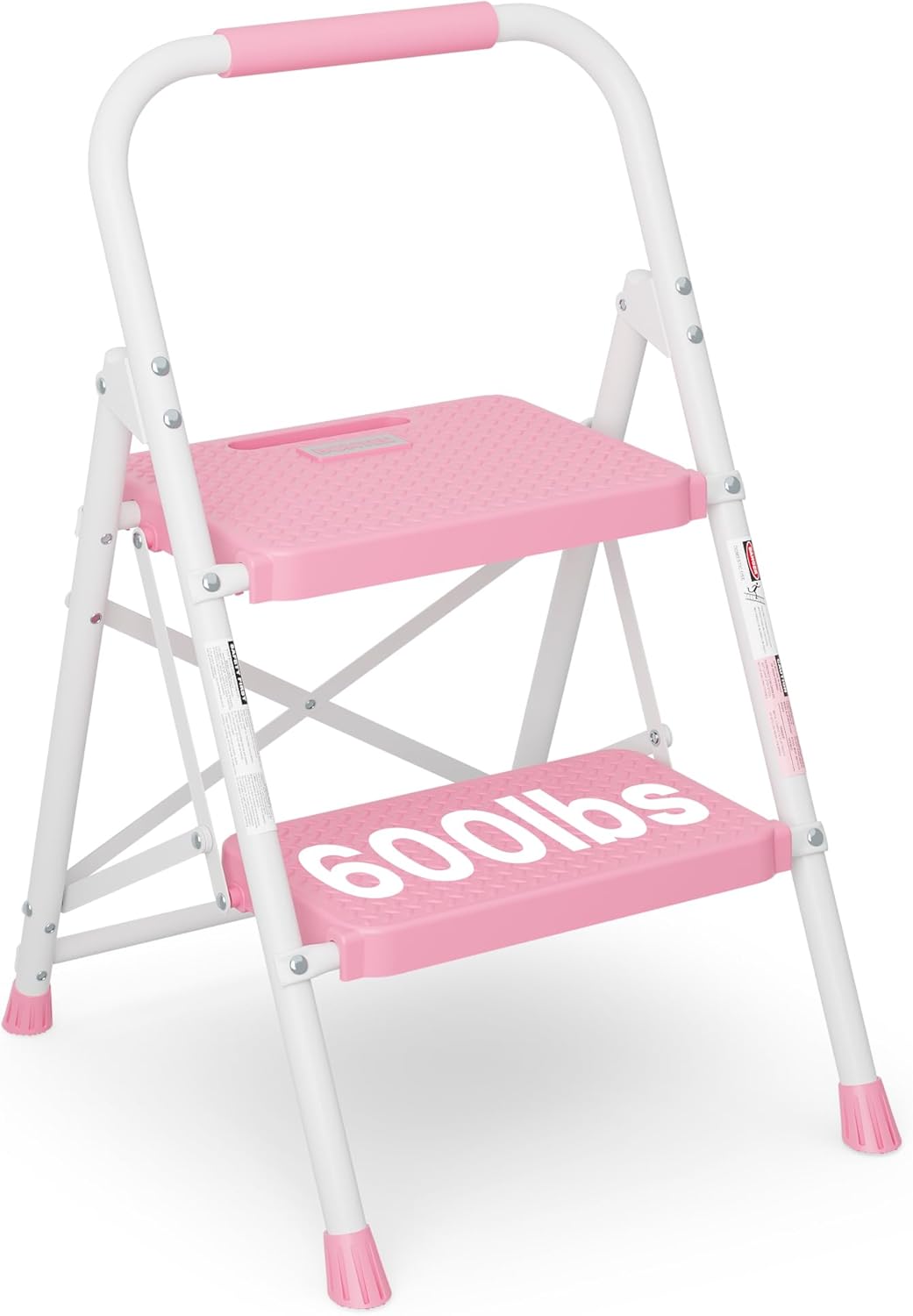 BONTEC 2-Step Ladder, Folding Step Stool, 600lbs Max Load Capacity, Sturdy Steel, Non-Slip Pedals, Lightweight, Portable Steel Ladder with Convenient Handrail, Safety Design for Home & Work, White