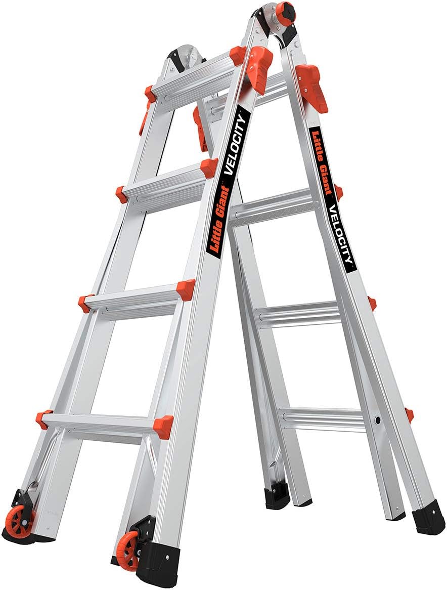 Little Giant Ladders Velocity 17-Ft Folding Multi-Position Ladder, Aluminum, 300 lb Load Capacity, Type 1A Extra Heavy Duty, 18-Ft Reach, with Ratchet Levelers and Wheels (15417-801)