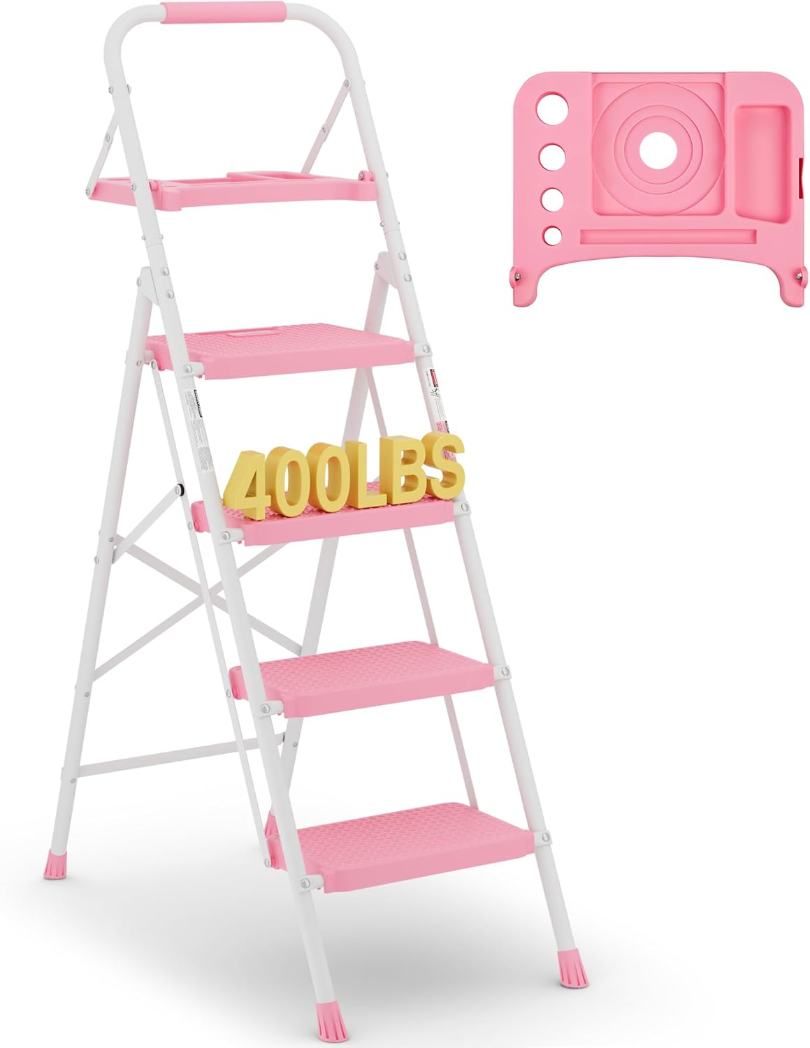 BONTEC 2-Step Ladder, Folding Step Stool, 600lbs Max Load Capacity, Sturdy Steel, Non-Slip Pedals, Lightweight, Portable Steel Ladder with Convenient Handrail, Safety Design for Home & Work, White