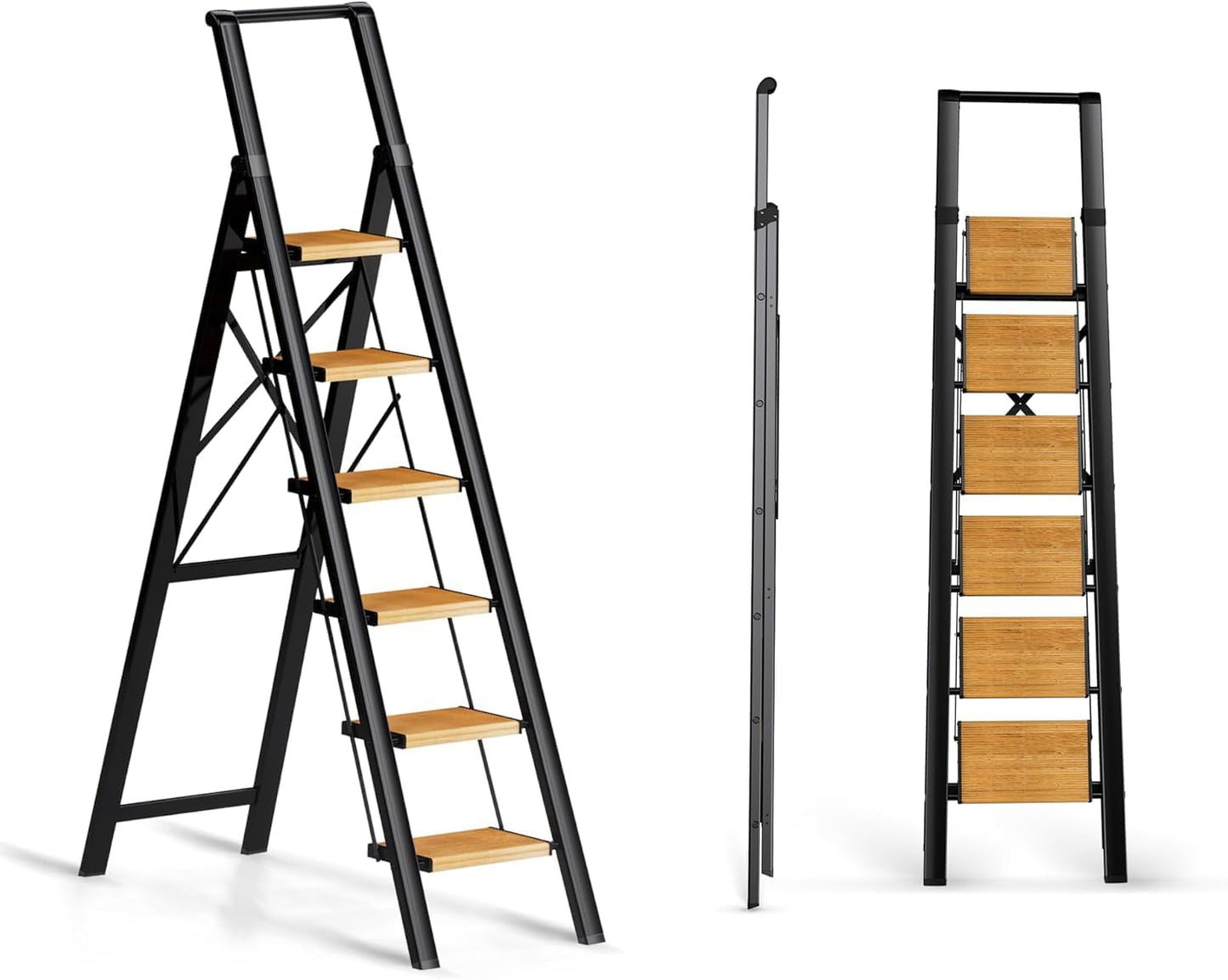3 Step Ladder, Folding Step Stool with Anti-Slip Wide Sturdy Pedal, Multi-Use for Home and Kitchen Use, Space Saving-Woodgrain(300 lbs Capacity)