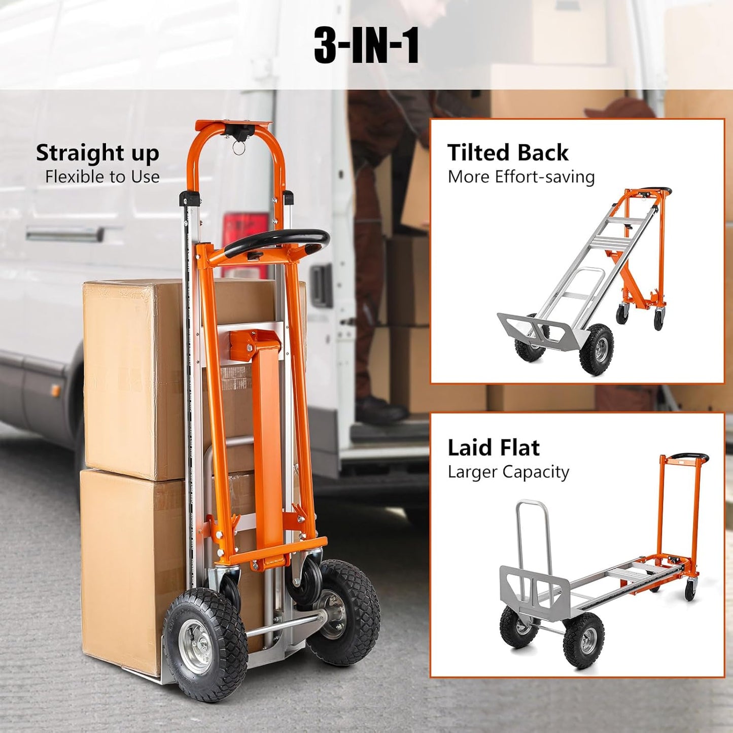 3in1 Convertible Hand Truck, Aluminum Hand Trucks 880 lb Capacity, Utility Dolly Cart Converts from Hand Truck Dolly to Platform Cart 3 Positions for Transport & Moving with 10" Rubber Wheels