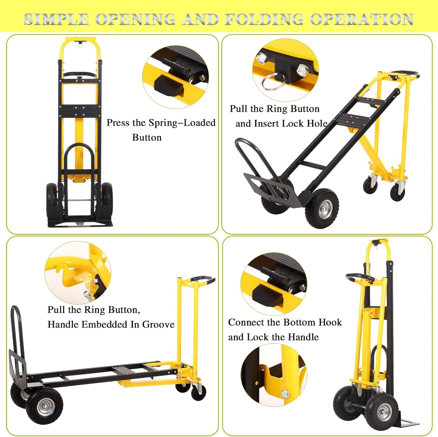 Convertible Hand Truck Dolly Cart,3-in-1 Industrial Aluminum Hand Truck,1000 Lbs Capacity Hand Trucks Heavy Duty Dolly Cart with Solid Wheels and Straps for Moving Transport (Black Yellow)