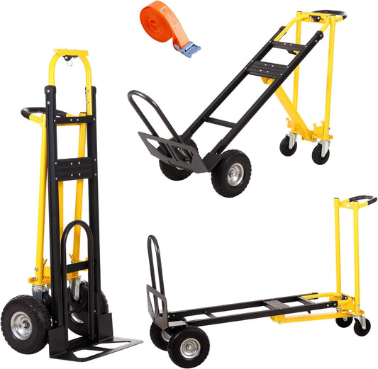 Convertible Hand Truck Dolly Cart,3-in-1 Industrial Aluminum Hand Truck,1000 Lbs Capacity Hand Trucks Heavy Duty Dolly Cart with Solid Wheels and Straps for Moving Transport (Black Yellow)