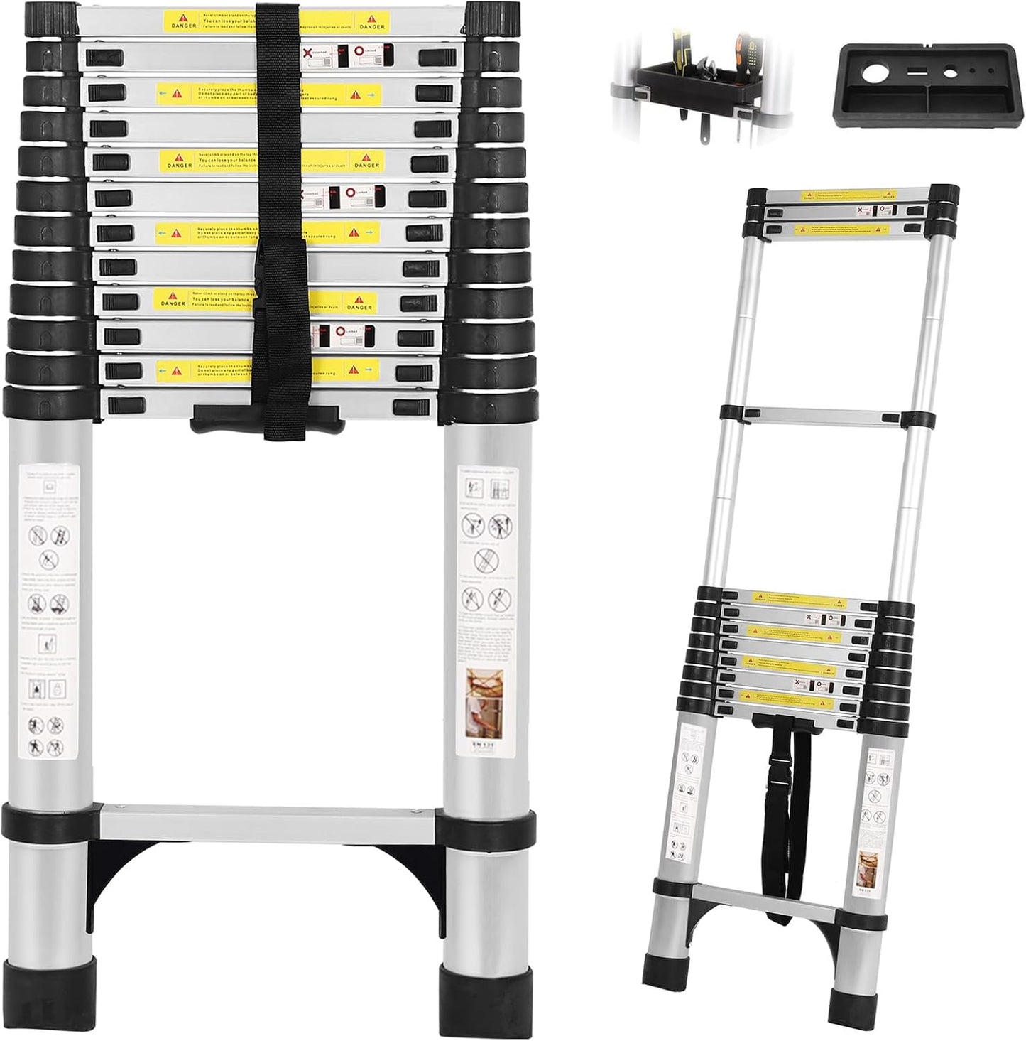 26.2FT Telescoping Ladder with Stabilizer Bar Wheels and Hooks, Multi-Purpose Extension Aluminum Folding Ladder Collapsible Adjustable Telescopic Ladders Extendable Ladder for Homeuse
