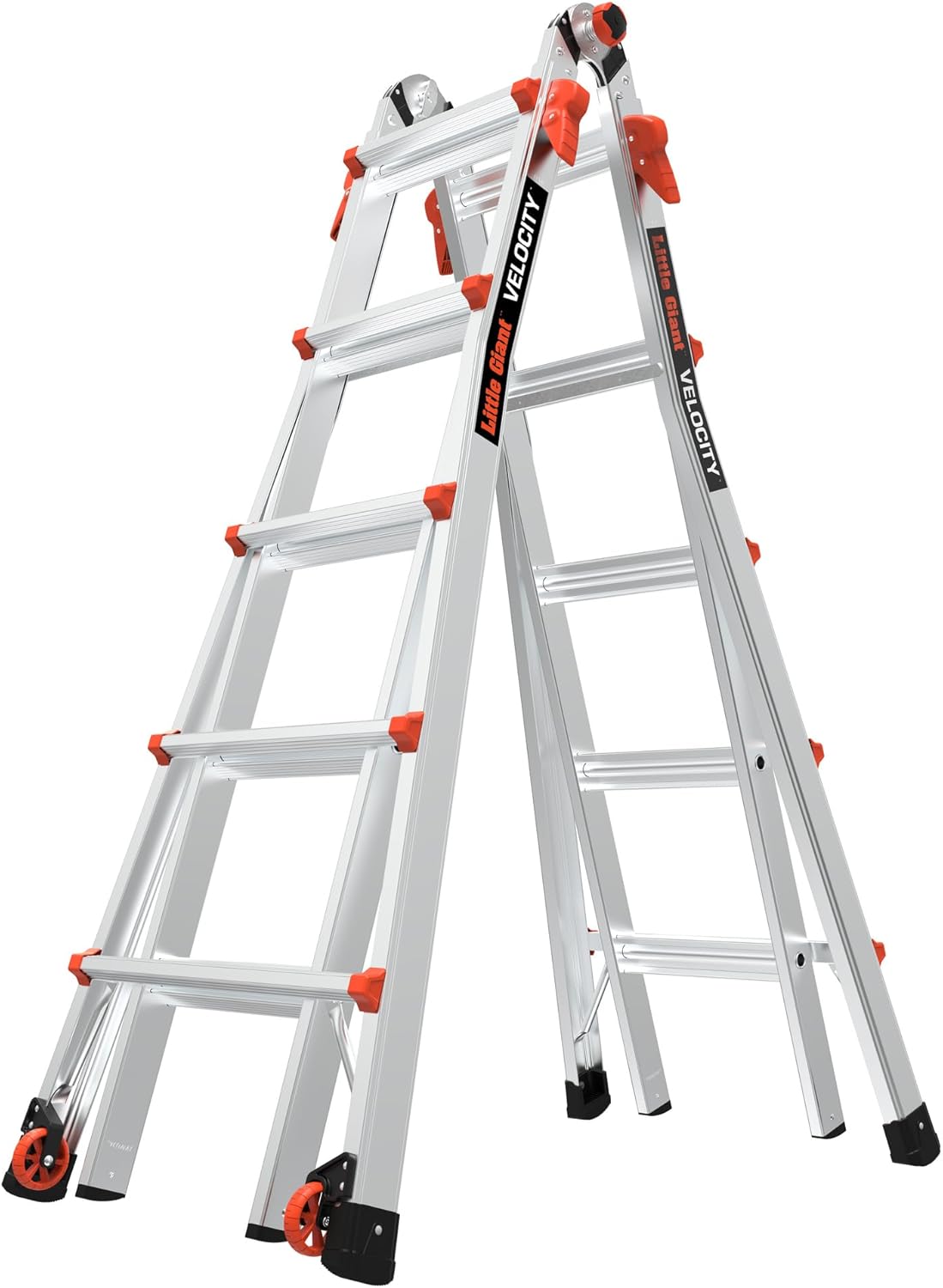 Little Giant Ladders Velocity 17-Ft Folding Multi-Position Ladder, Aluminum, 300 lb Load Capacity, Type 1A Extra Heavy Duty, 18-Ft Reach, with Ratchet Levelers and Wheels (15417-801)