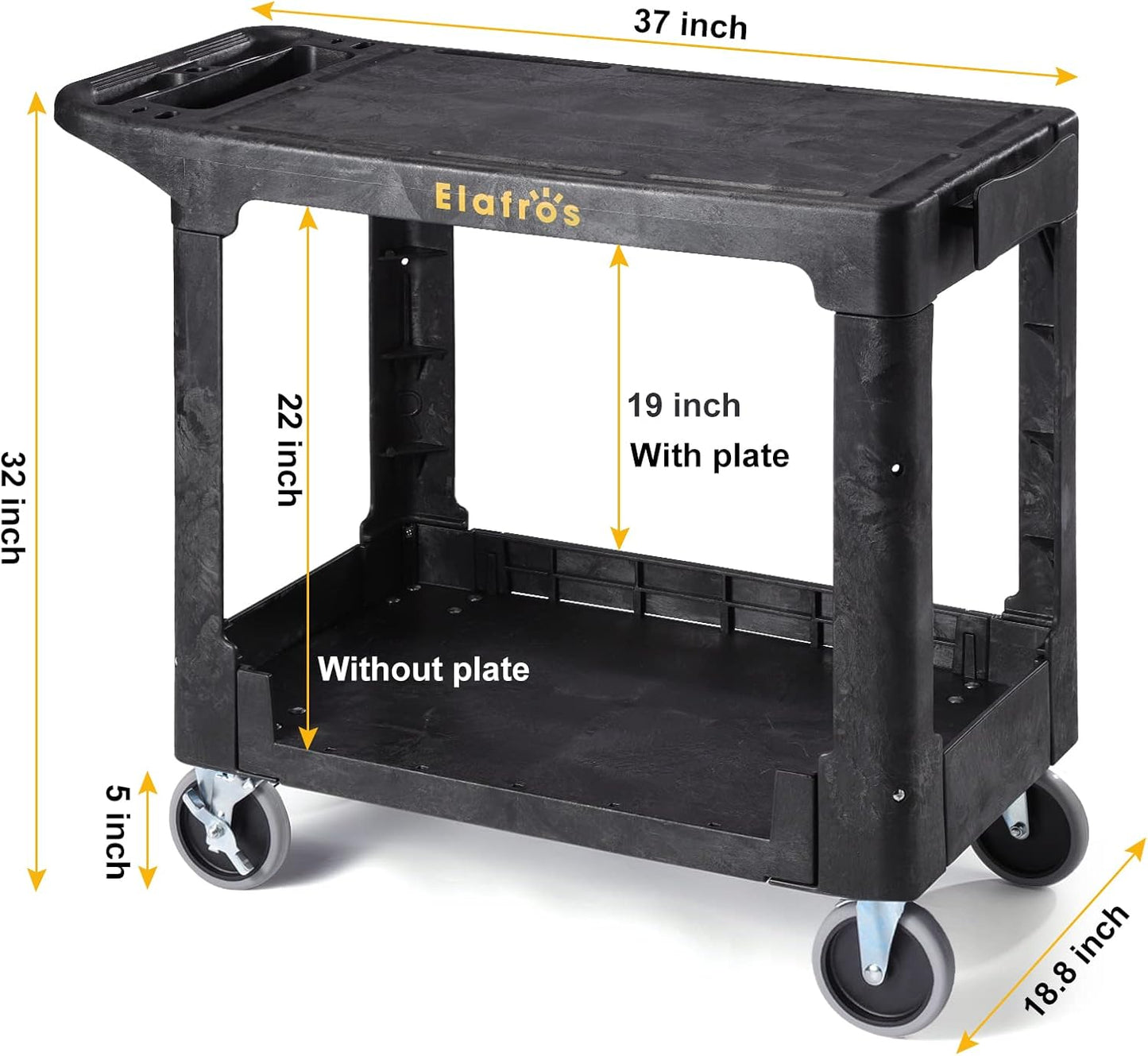 ELAFROS Heavy Duty Plastic Utility Cart, 37 x 18.8 in, Flat Top, Swivel Wheels, 550 lbs Capacity, Black