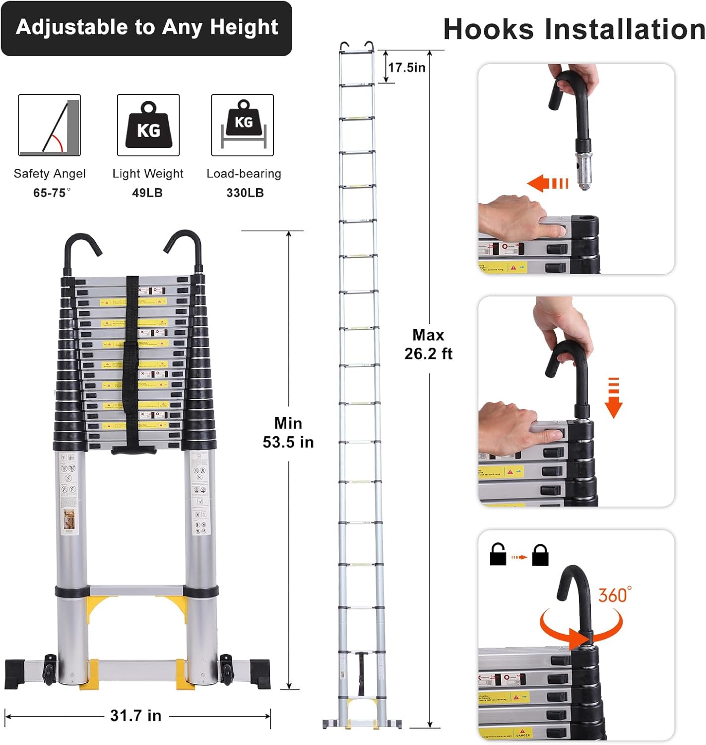 26.2FT Telescoping Ladder with Stabilizer Bar Wheels and Hooks, Multi-Purpose Extension Aluminum Folding Ladder Collapsible Adjustable Telescopic Ladders Extendable Ladder for Homeuse