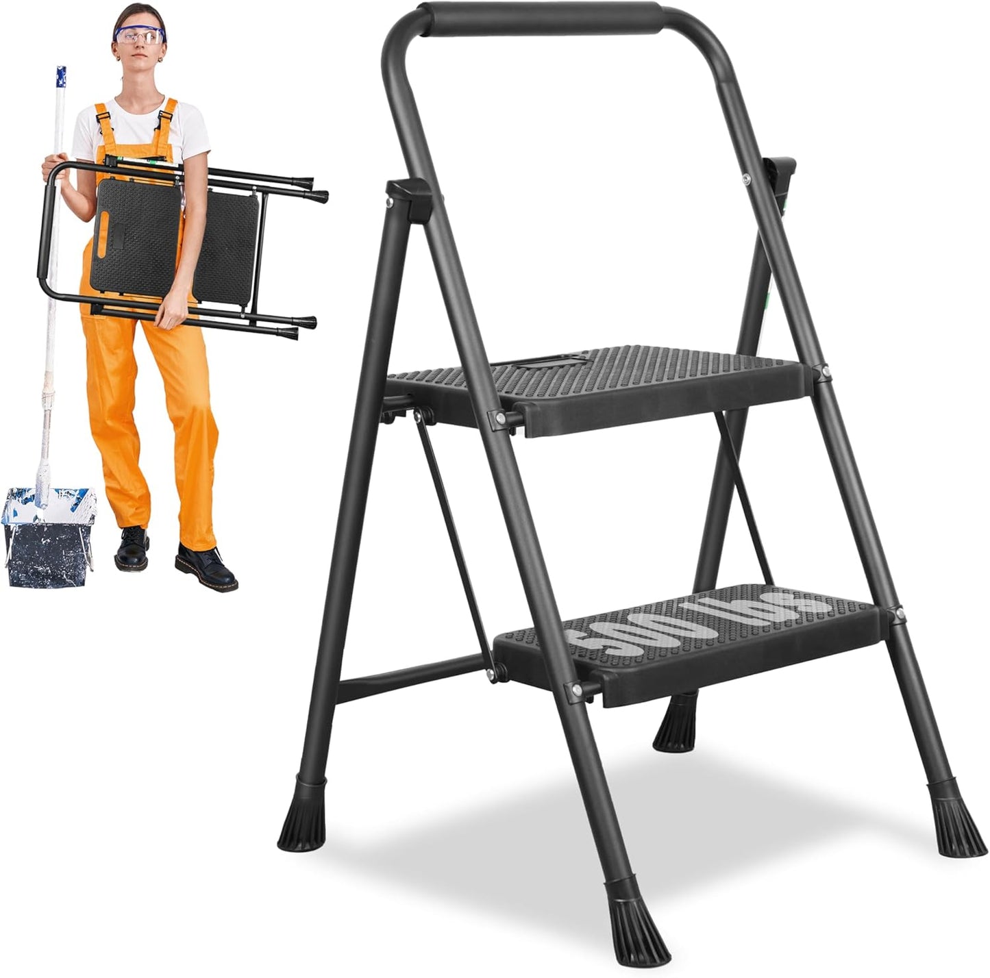 3 Step Ladder, Protable Steel Folding Stool with Wide Anti-Slip Pedal, 500lbs Sturdy Steel Ladder, Black