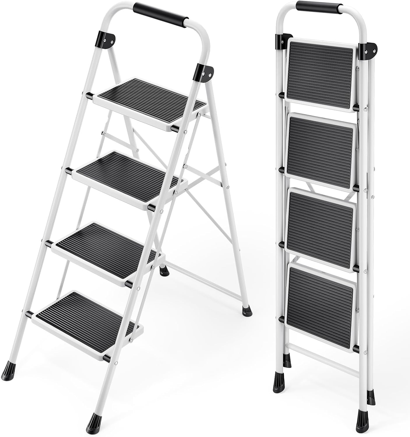 KINGRACK Step Ladder 4 Step Folding Step Stool for Adults with Handrails Heavy Duty Steel Sturdy Lightweight Collapsible Portable Step Ladder with Anti-Slip Wide Pedal,White