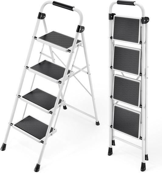 KINGRACK Step Ladder 4 Step Folding Step Stool for Adults with Handrails Heavy Duty Steel Sturdy Lightweight Collapsible Portable Step Ladder with Anti-Slip Wide Pedal,White
