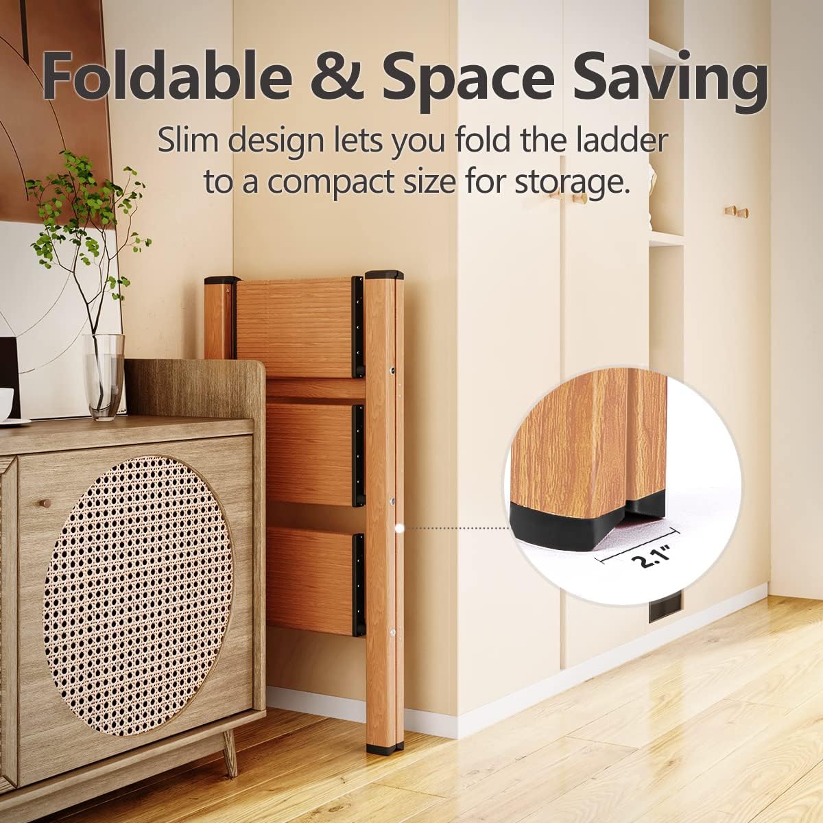 3 Step Ladder, Folding Step Stool with Anti-Slip Wide Sturdy Pedal, Multi-Use for Home and Kitchen Use, Space Saving-Woodgrain(300 lbs Capacity)