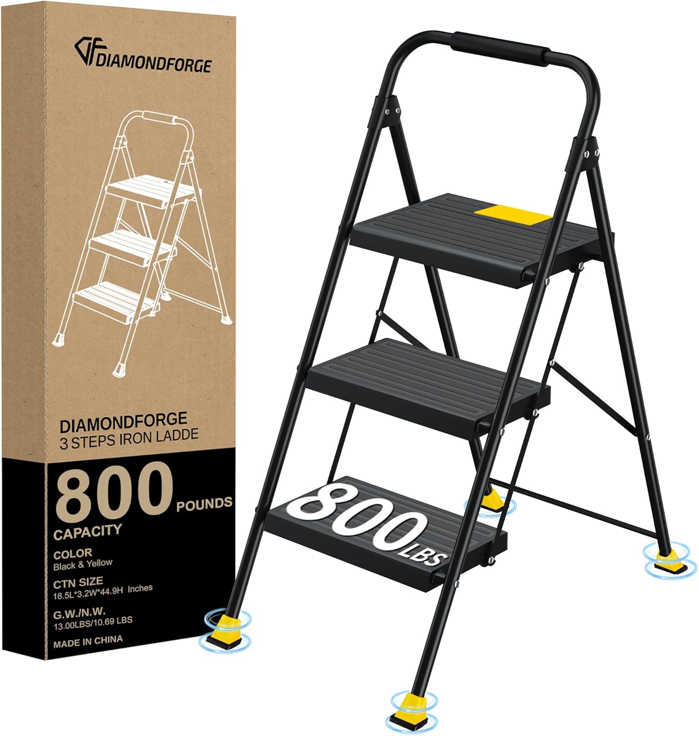 Step Ladder Foldable Folding Stool - for Home Adults Kitchen 3 Stepping Extension Tall Heavy Duty with Handrails - Closet Stepstool Stair Ladders Extendable Stepladder for Indoor House 800Lbs