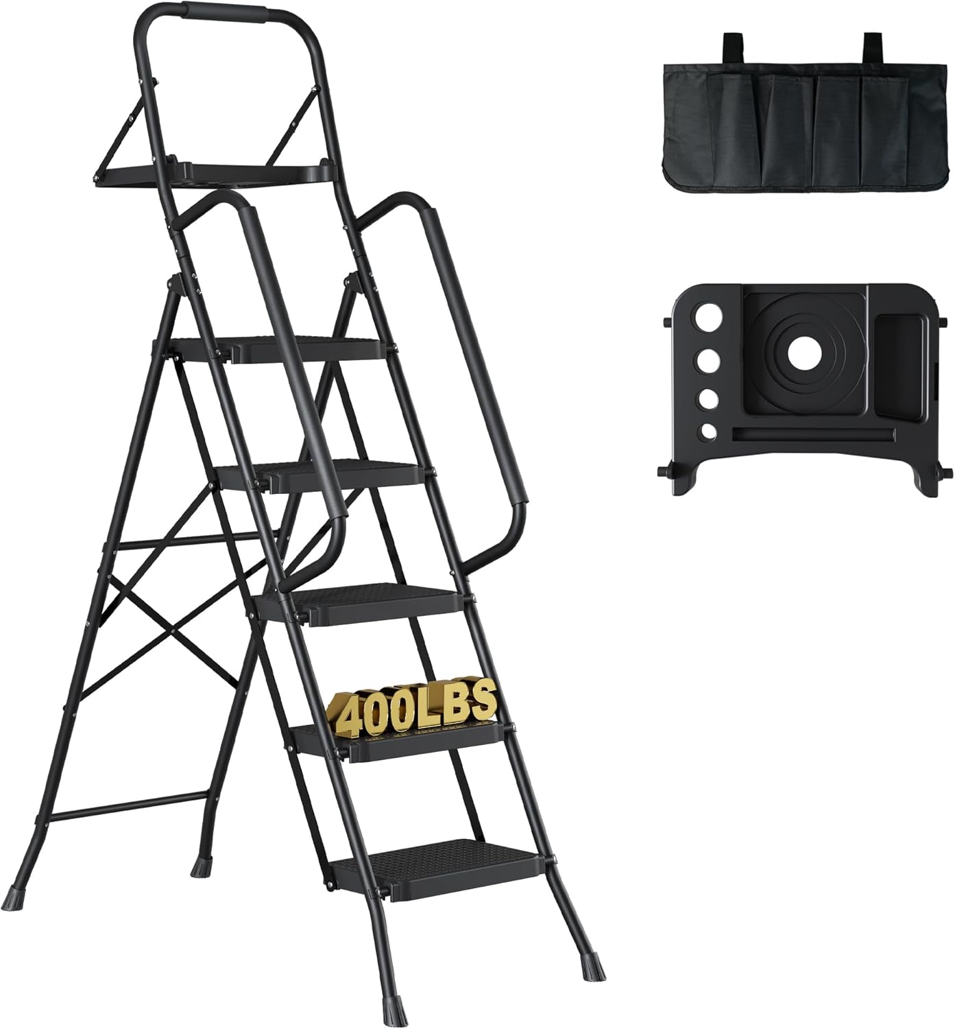 BONTEC 2-Step Ladder, Folding Step Stool, 600lbs Max Load Capacity, Sturdy Steel, Non-Slip Pedals, Lightweight, Portable Steel Ladder with Convenient Handrail, Safety Design for Home & Work, White