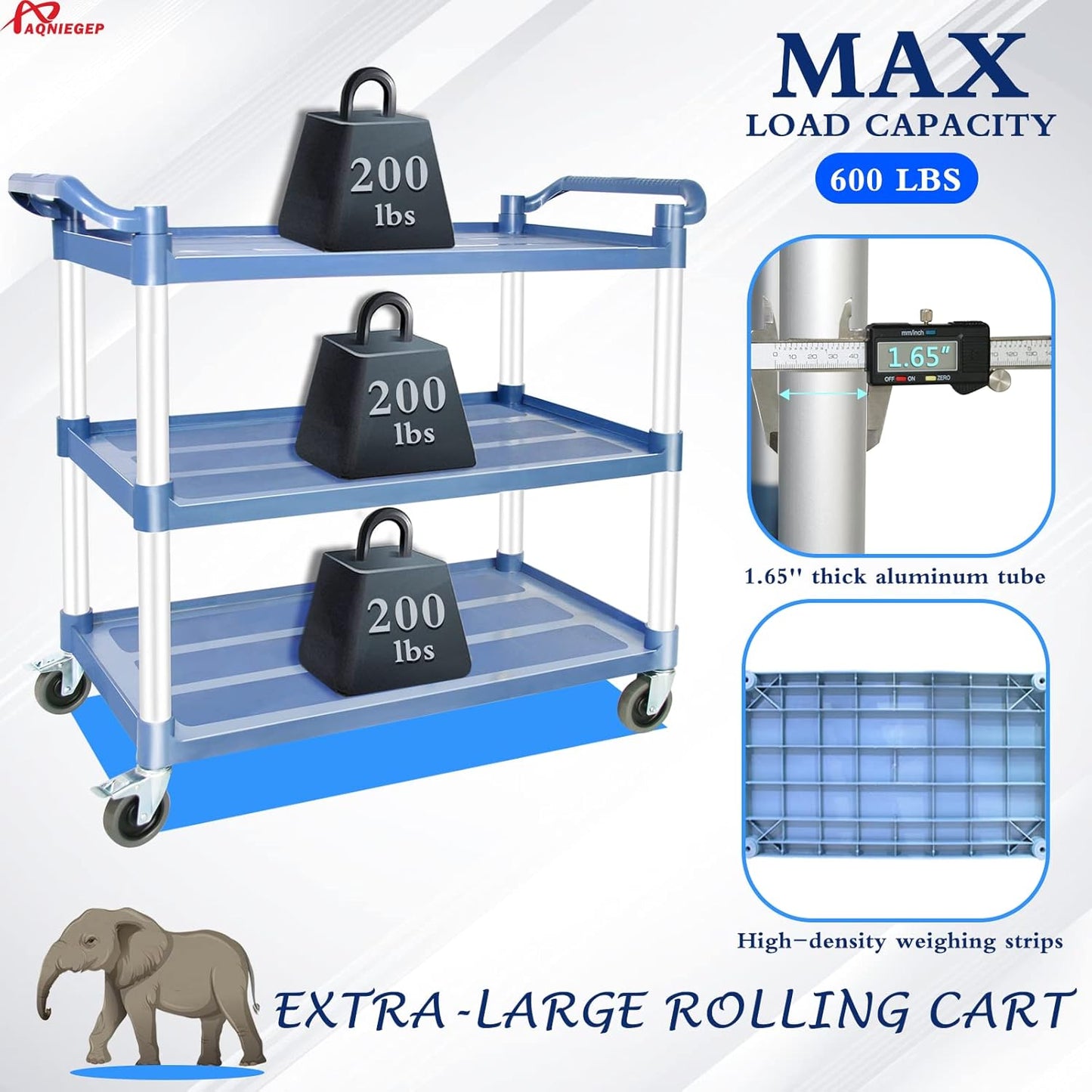 AQNIEGEP Utility Carts with Wheels, Large Food Kitchen Cart Heavy Duty, Rolling Service Cart w/Hammer for Restaurant, Office, Commercial, 600lbs Capacity, Lockable Wheels, 3-Tier
