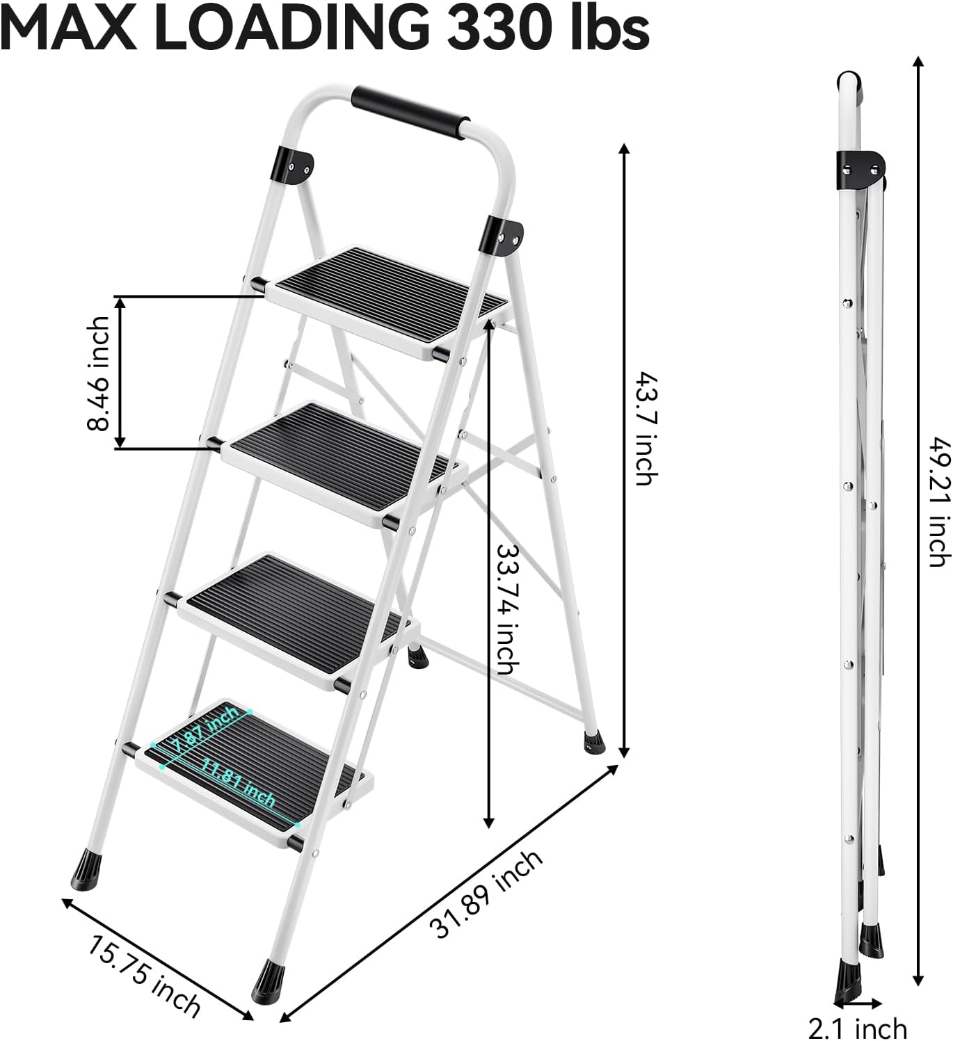 KINGRACK Step Ladder 4 Step Folding Step Stool for Adults with Handrails Heavy Duty Steel Sturdy Lightweight Collapsible Portable Step Ladder with Anti-Slip Wide Pedal,White
