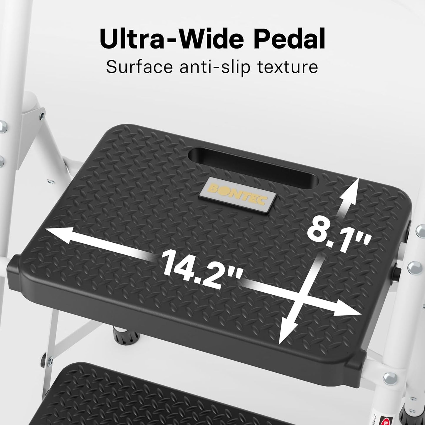 BONTEC 2-Step Ladder, Folding Step Stool, 600lbs Max Load Capacity, Sturdy Steel, Non-Slip Pedals, Lightweight, Portable Steel Ladder with Convenient Handrail, Safety Design for Home & Work, White