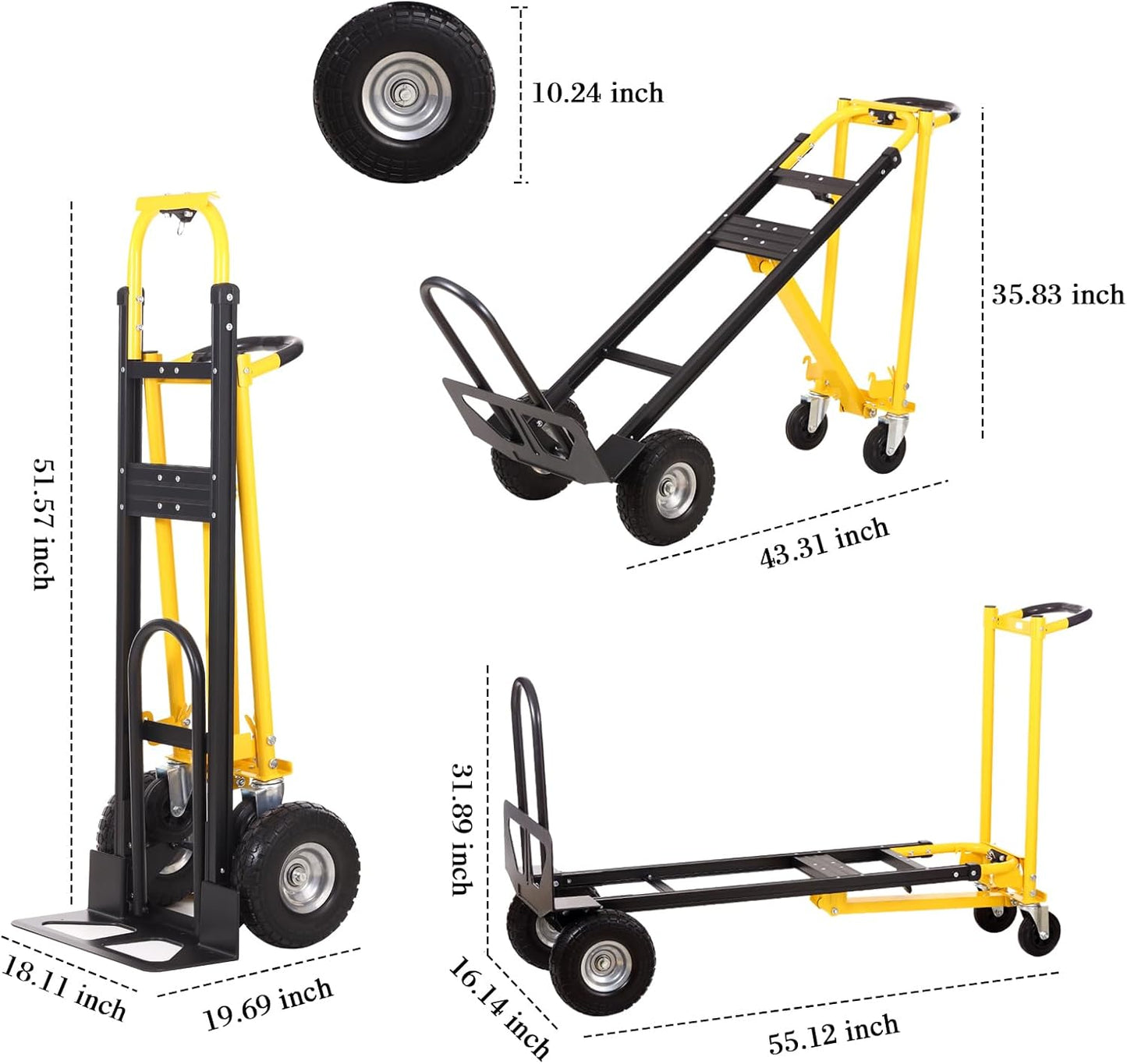 Convertible Hand Truck Dolly Cart,3-in-1 Industrial Aluminum Hand Truck,1000 Lbs Capacity Hand Trucks Heavy Duty Dolly Cart with Solid Wheels and Straps for Moving Transport (Black Yellow)