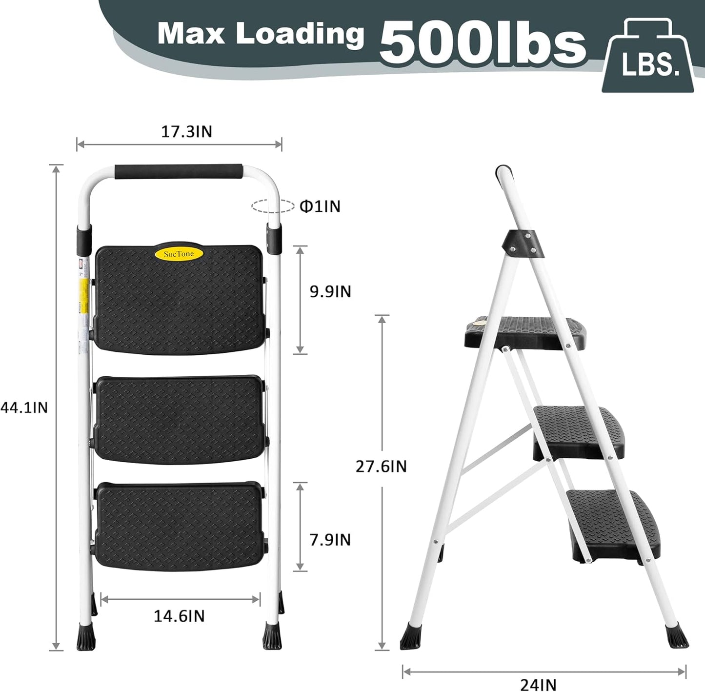 SocTone 3 Step Ladder, Folding Step Stool for Adults with Handle, Lightweight, Perfect for Kitchen& Household, 500lbs Capacity Sturdy Steel Ladder White