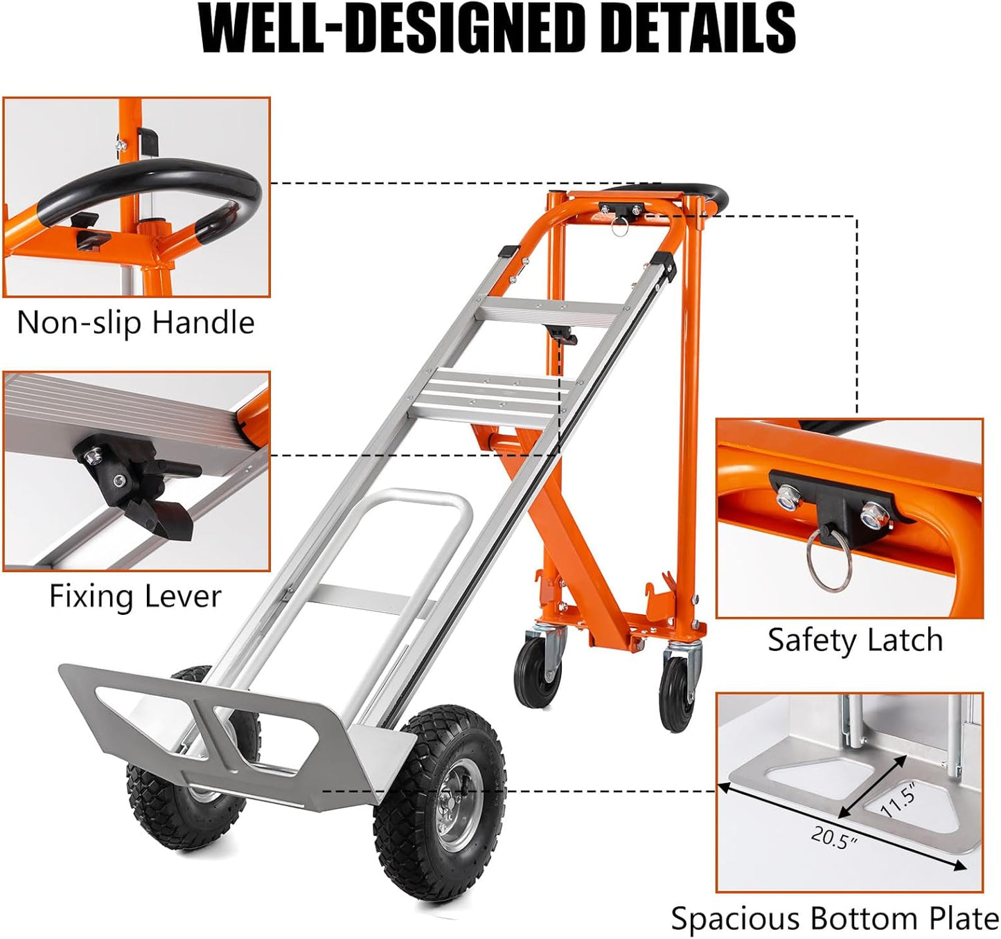 3in1 Convertible Hand Truck, Aluminum Hand Trucks 880 lb Capacity, Utility Dolly Cart Converts from Hand Truck Dolly to Platform Cart 3 Positions for Transport & Moving with 10" Rubber Wheels