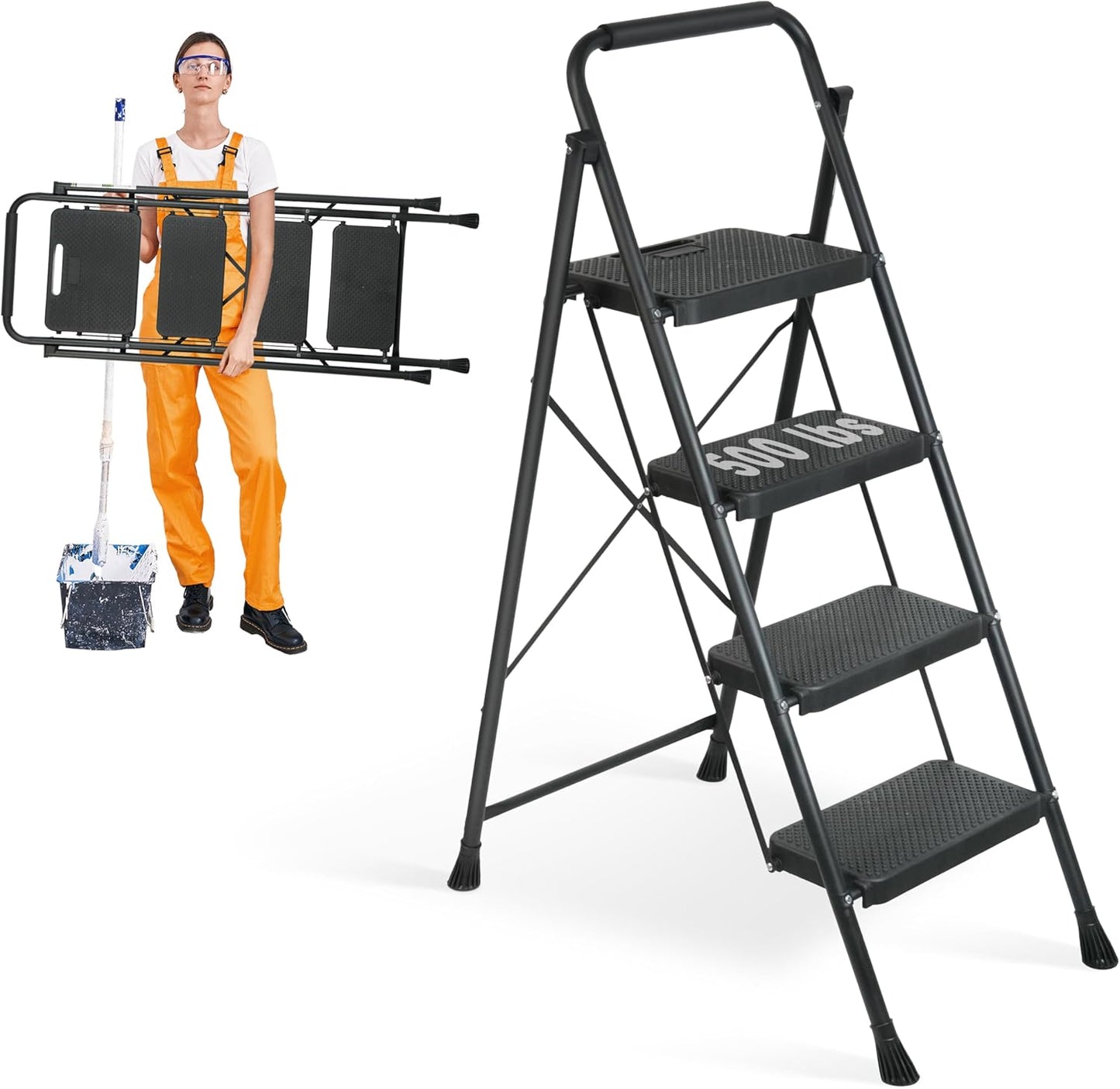 3 Step Ladder, Protable Steel Folding Stool with Wide Anti-Slip Pedal, 500lbs Sturdy Steel Ladder, Black