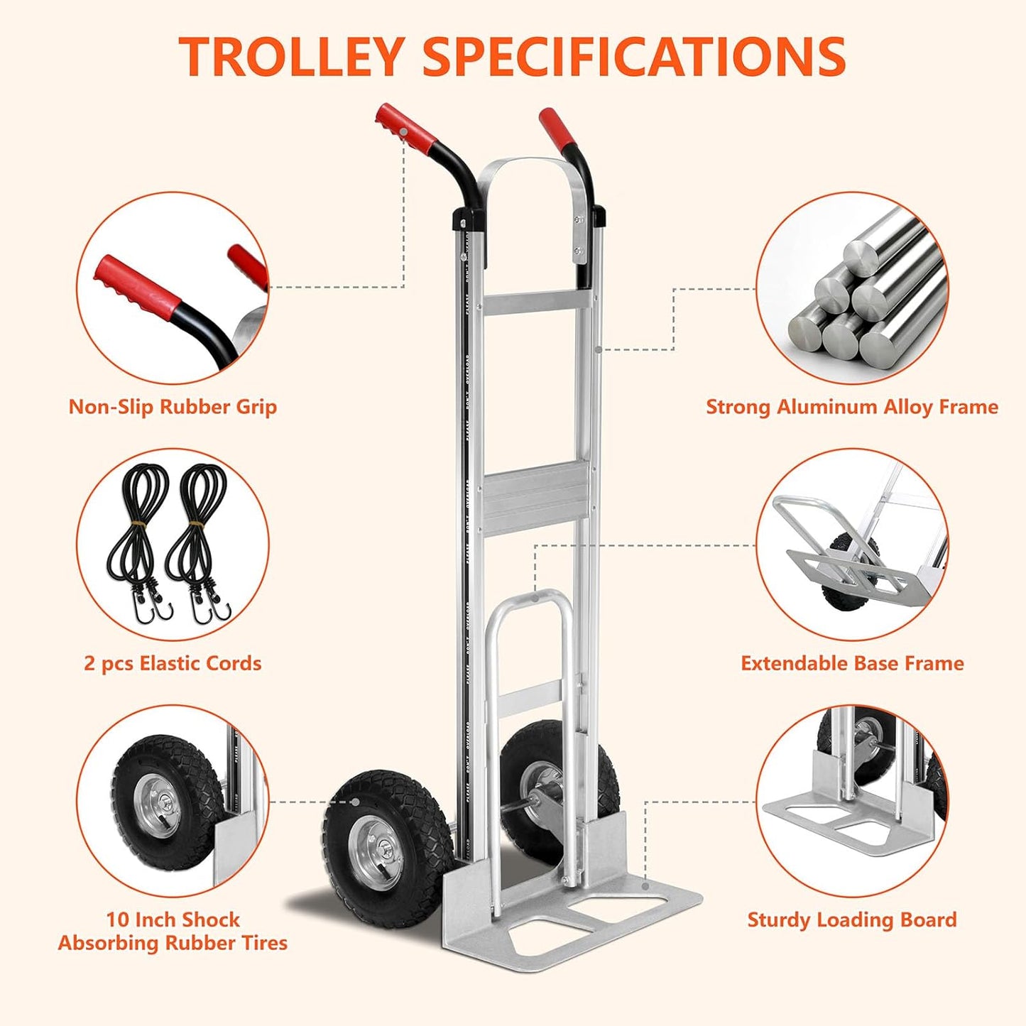 Aluminum Hand Truck 600 LBS Capacity, Handle Heavy Duty Industrial Dolly with 10" Pneumatic Tire and 2 Elastic Cords, Platform Cart for Transport and Moving in Home, Office, Warehouse, Supermarket