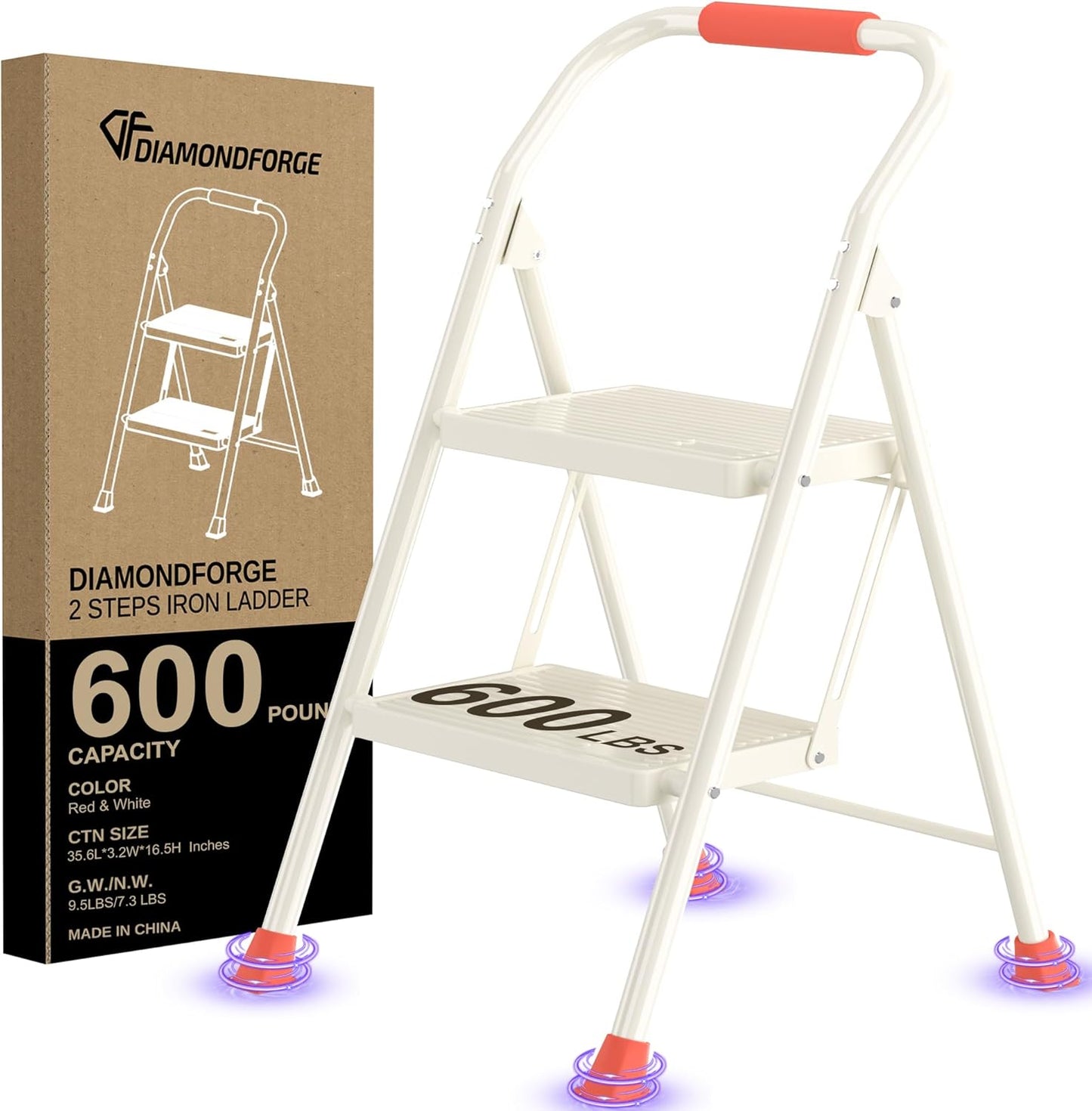 Step Ladder Foldable Folding Stool - for Home Adults Kitchen 4 Stepping Extension Tall Heavy Duty with Handrails - Closet Stepstool Stair Ladders Extendable Stepladder for Indoor House 600Lbs