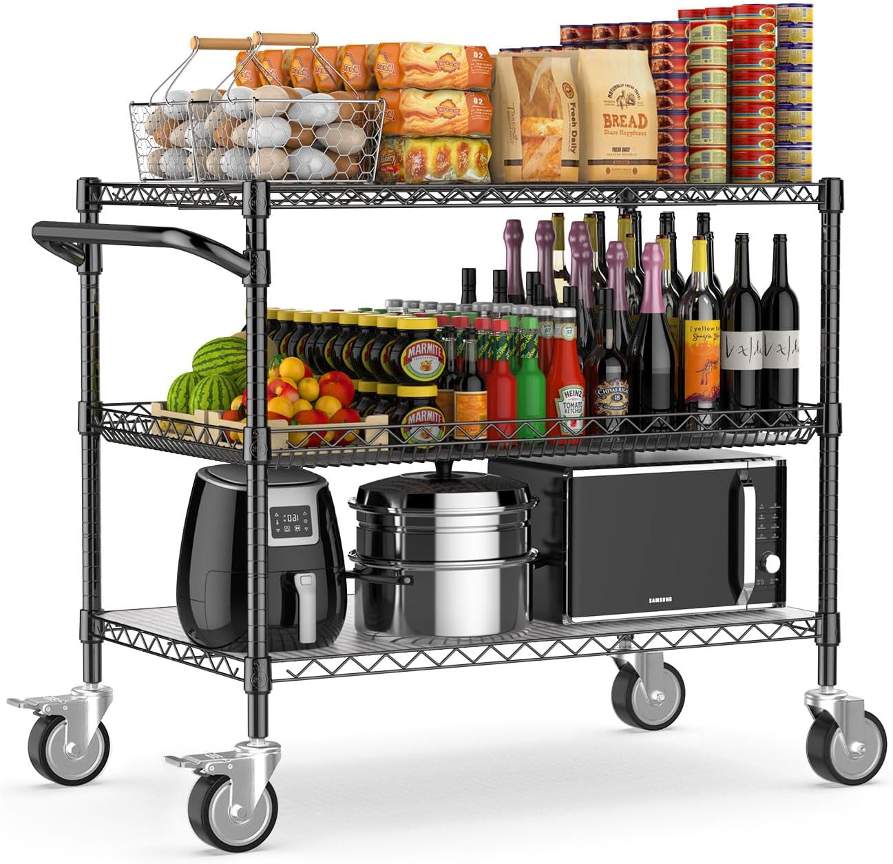 Leteuke 1120LBS Heavy Duty Rolling Utility Cart,3 Tier Rolling Carts with Wheels,NSF Commercial Grade with Handle Bar & Shelf Liners,45"x25"x39"Storage Cart for Kitchen,Restaurant,Plant Display,Chrome