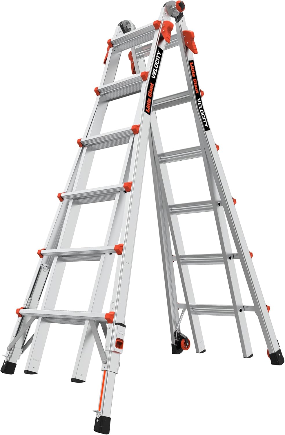 Little Giant Ladders Velocity 17-Ft Folding Multi-Position Ladder, Aluminum, 300 lb Load Capacity, Type 1A Extra Heavy Duty, 18-Ft Reach, with Ratchet Levelers and Wheels (15417-801)