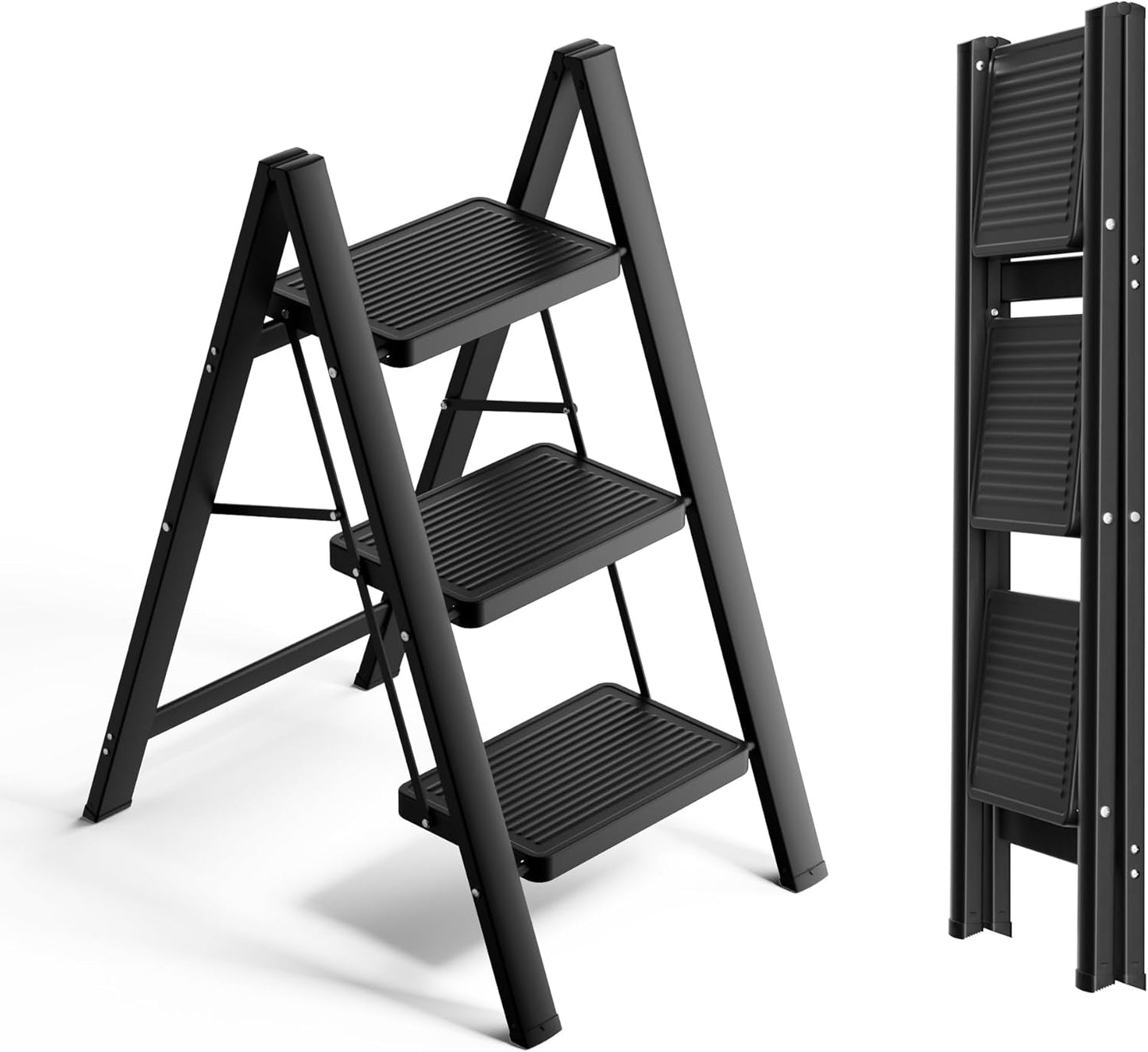 3 Step Ladder, Folding Step Stool with Anti-Slip Wide Sturdy Pedal, Multi-Use for Home and Kitchen Use, Space Saving-Woodgrain(300 lbs Capacity)
