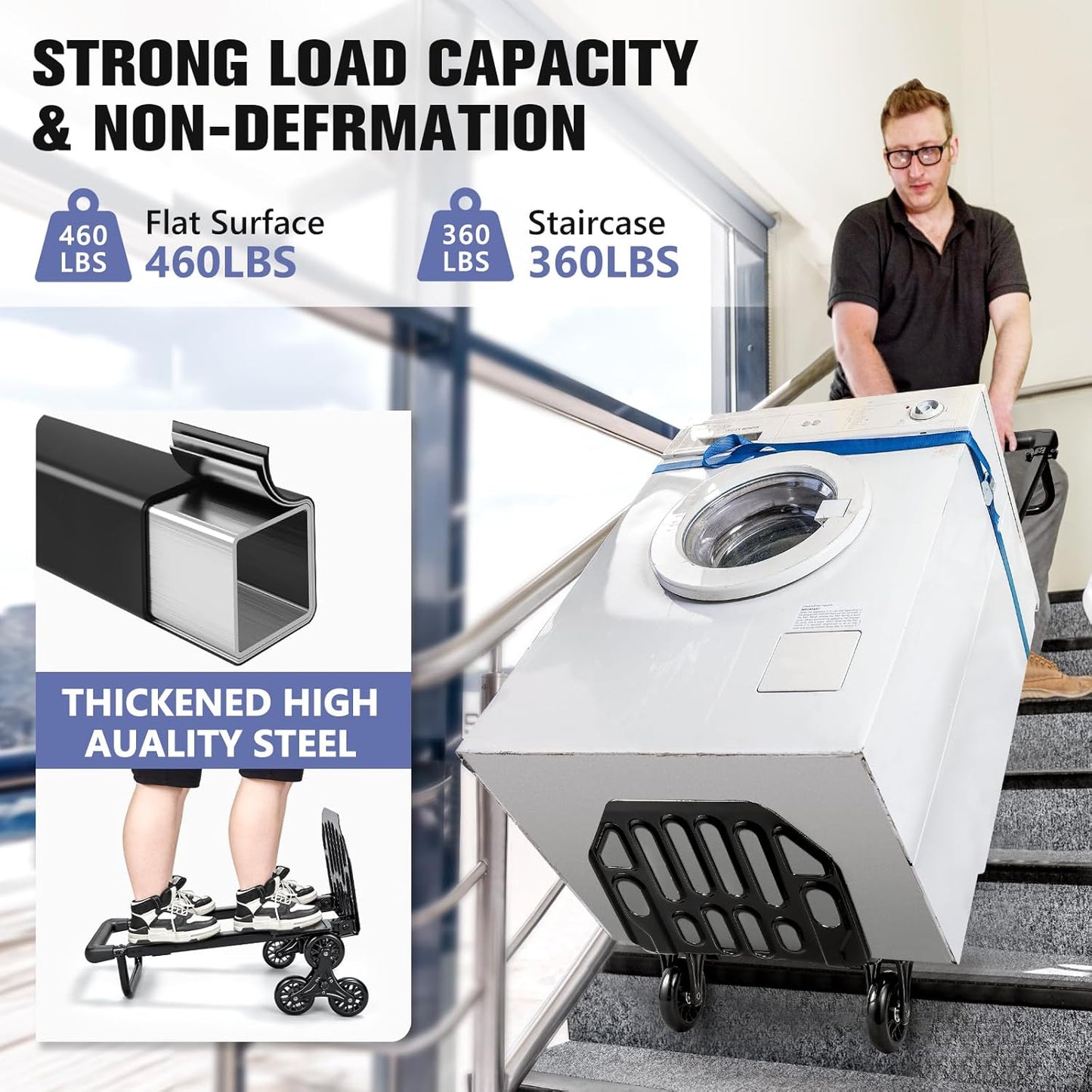 KEDSUM Folding Stair Climbing Dolly, 460lbs Heavy Duty Stair Climbing Cart with Telescoping Handle, 100% Thickened Upgraded Steel Dolly Cart with Wheels for Stairs, Height 49.2 inch, Easy to Fold