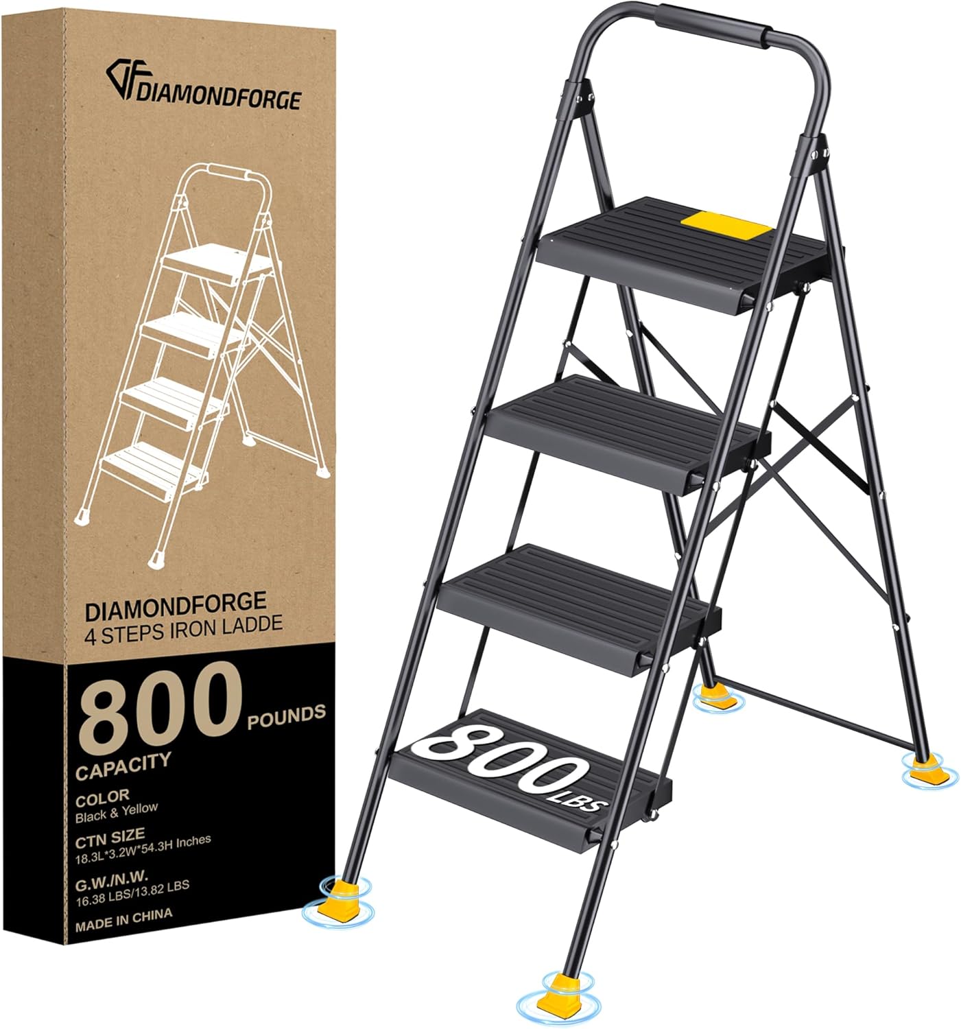 Step Ladder Foldable Folding Stool - for Home Adults Kitchen 3 Stepping Extension Tall Heavy Duty with Handrails - Closet Stepstool Stair Ladders Extendable Stepladder for Indoor House 800Lbs