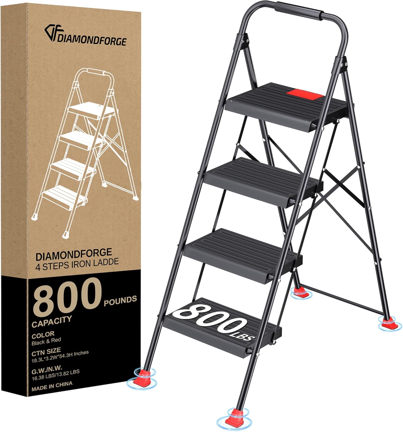 Step Ladder Foldable Folding Stool - for Home Adults Kitchen 3 Stepping Extension Tall Heavy Duty with Handrails - Closet Stepstool Stair Ladders Extendable Stepladder for Indoor House 800Lbs