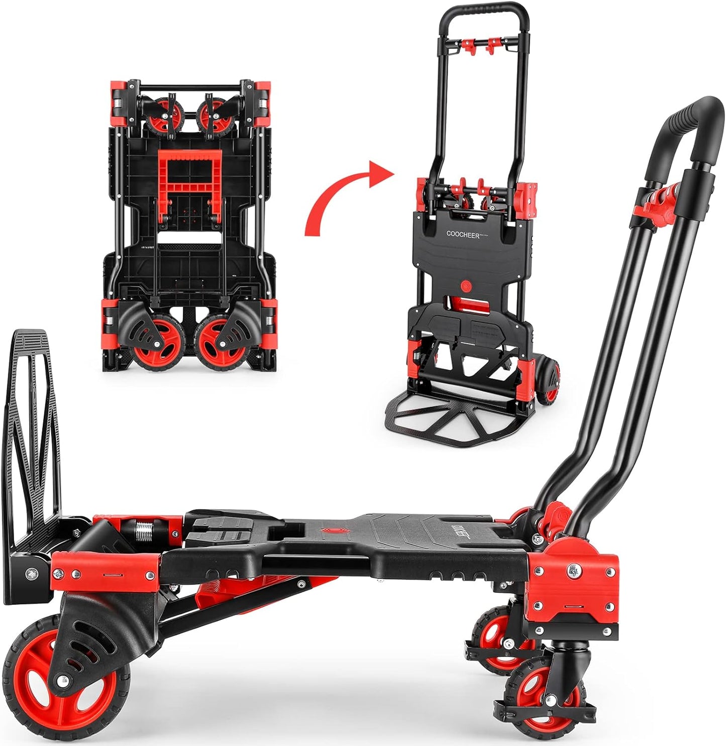 330LB Folding Hand Truck Heavy Duty Carrying, Combination of Four Wheels and Two Wheels Convertible Dolly Cart with Retractable Handle Dolly for Moving Office Carts(Orange)