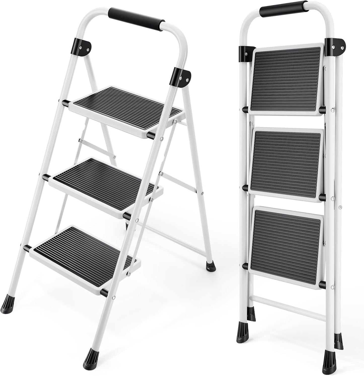 KINGRACK Step Ladder 4 Step Folding Step Stool for Adults with Handrails Heavy Duty Steel Sturdy Lightweight Collapsible Portable Step Ladder with Anti-Slip Wide Pedal,White