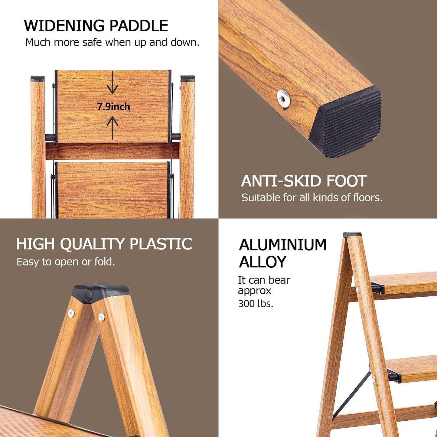 3 Step Ladder, Folding Step Stool with Anti-Slip Wide Sturdy Pedal, Multi-Use for Home and Kitchen Use, Space Saving-Woodgrain(300 lbs Capacity)