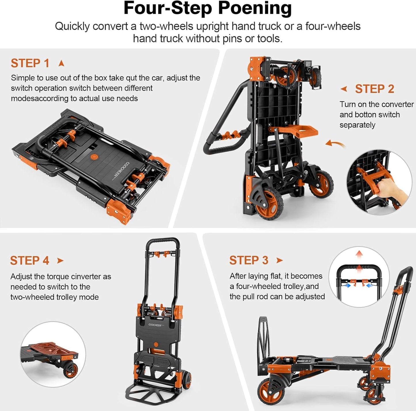 330LB Folding Hand Truck Heavy Duty Carrying, Combination of Four Wheels and Two Wheels Convertible Dolly Cart with Retractable Handle Dolly for Moving Office Carts(Orange)