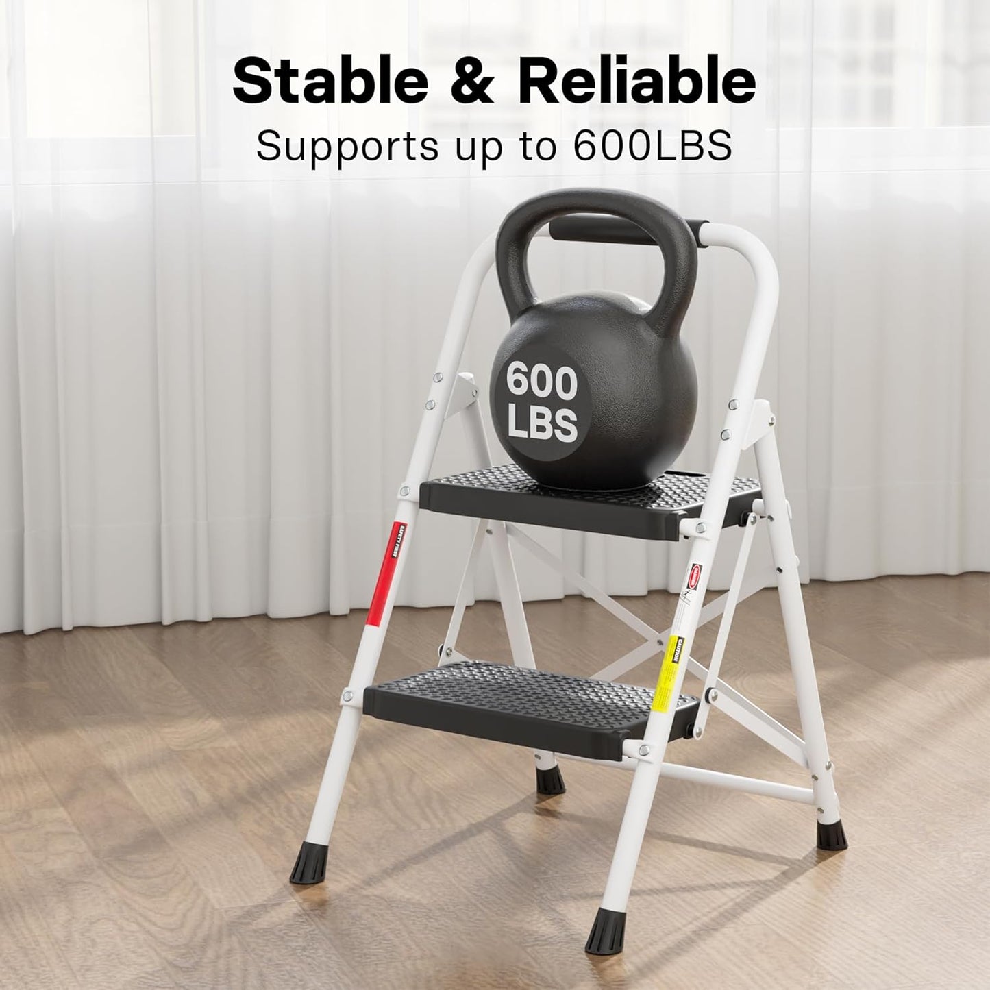 BONTEC 2-Step Ladder, Folding Step Stool, 600lbs Max Load Capacity, Sturdy Steel, Non-Slip Pedals, Lightweight, Portable Steel Ladder with Convenient Handrail, Safety Design for Home & Work, White