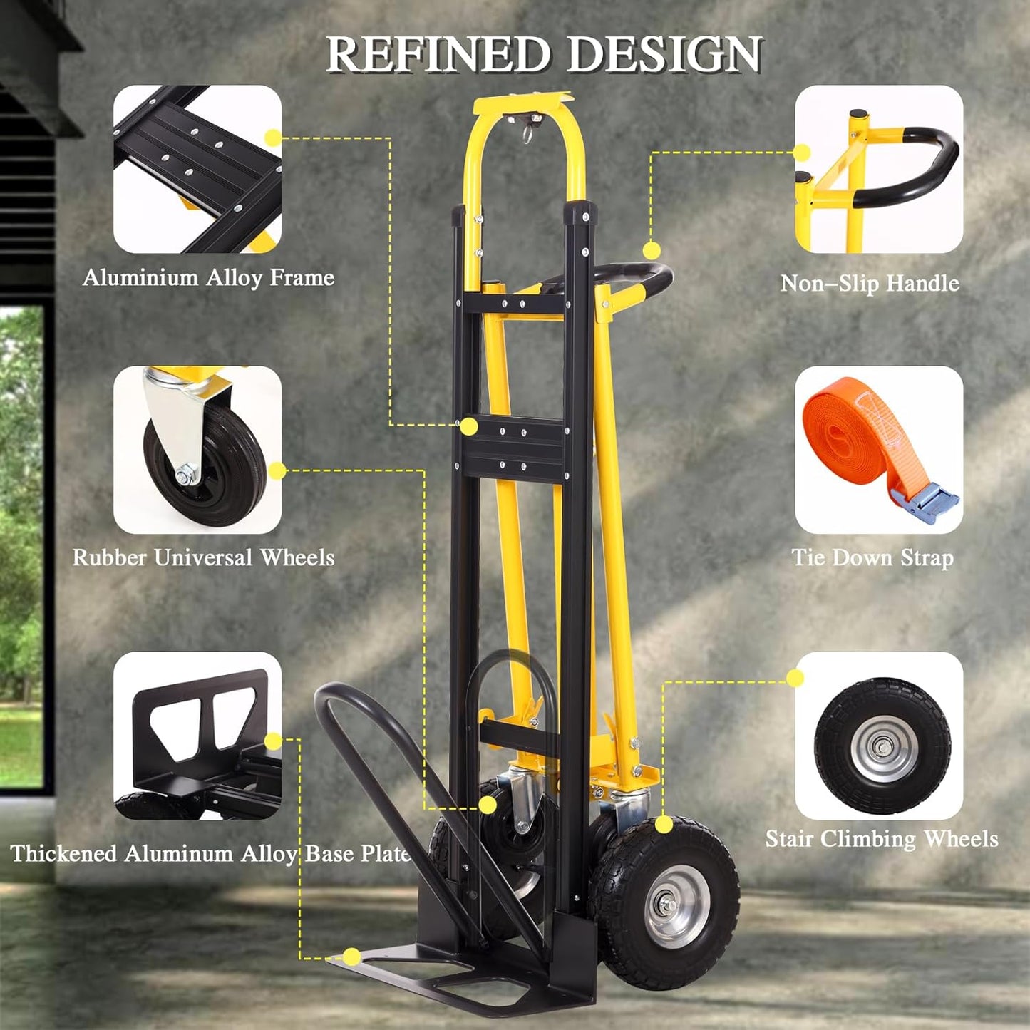 Convertible Hand Truck Dolly Cart,3-in-1 Industrial Aluminum Hand Truck,1000 Lbs Capacity Hand Trucks Heavy Duty Dolly Cart with Solid Wheels and Straps for Moving Transport (Black Yellow)