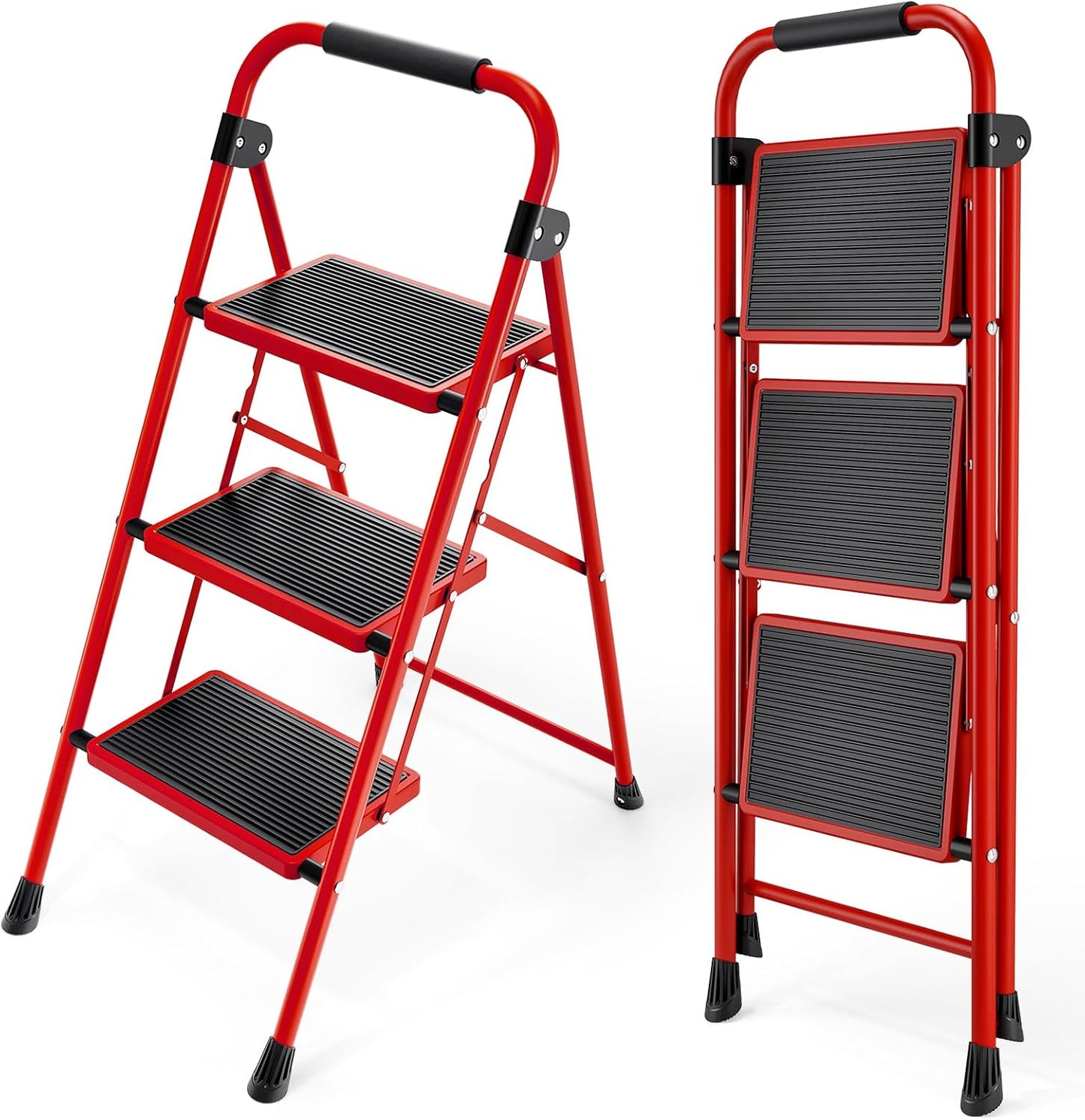 KINGRACK Step Ladder 4 Step Folding Step Stool for Adults with Handrails Heavy Duty Steel Sturdy Lightweight Collapsible Portable Step Ladder with Anti-Slip Wide Pedal,White